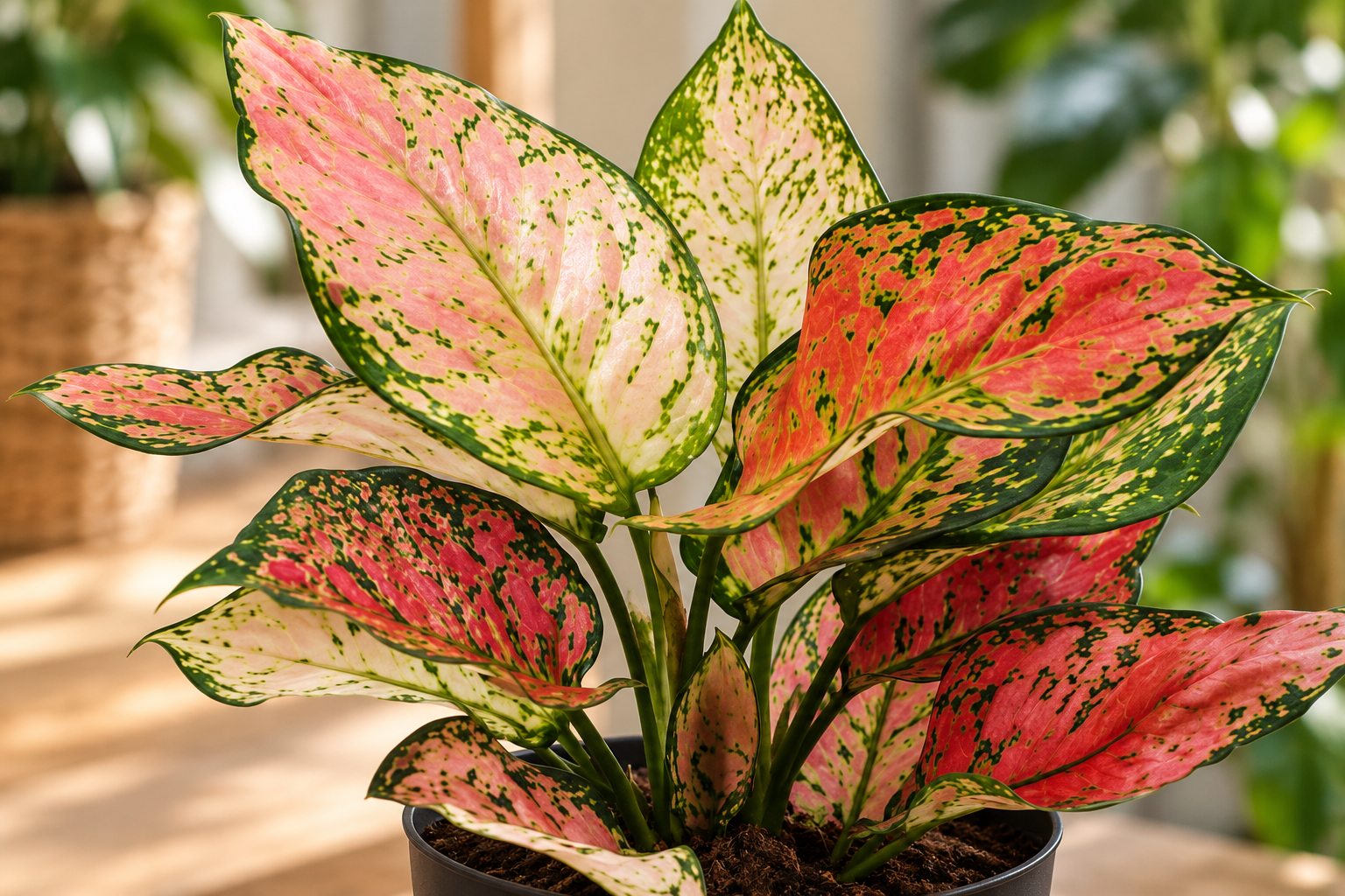 Vergrößerte KI-Detailansicht von Aglaonema 'Crimson Love'