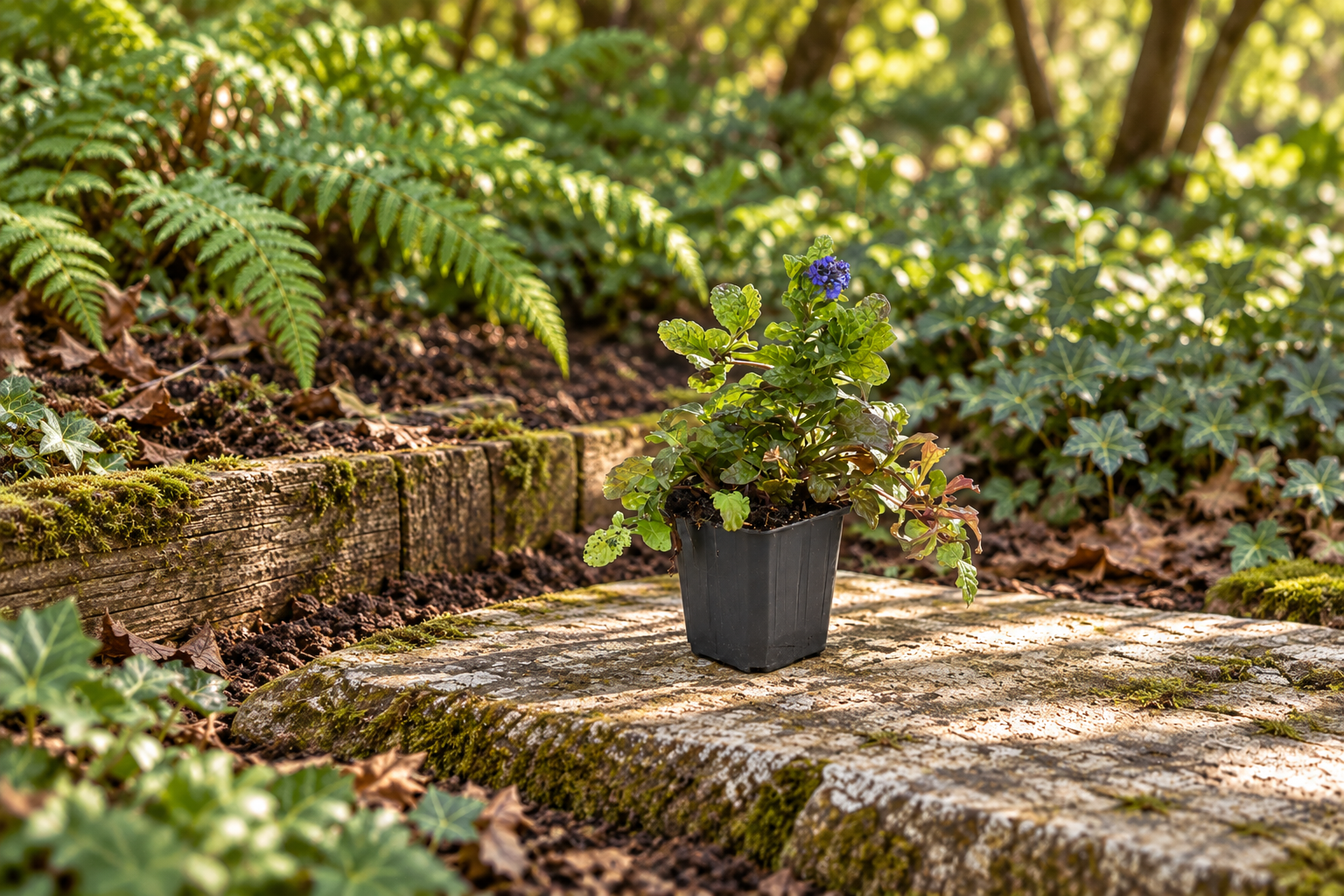 Junger Kriechender Günsel im kleinen Anzuchttopf an einem halbschattigen Gartenplatz