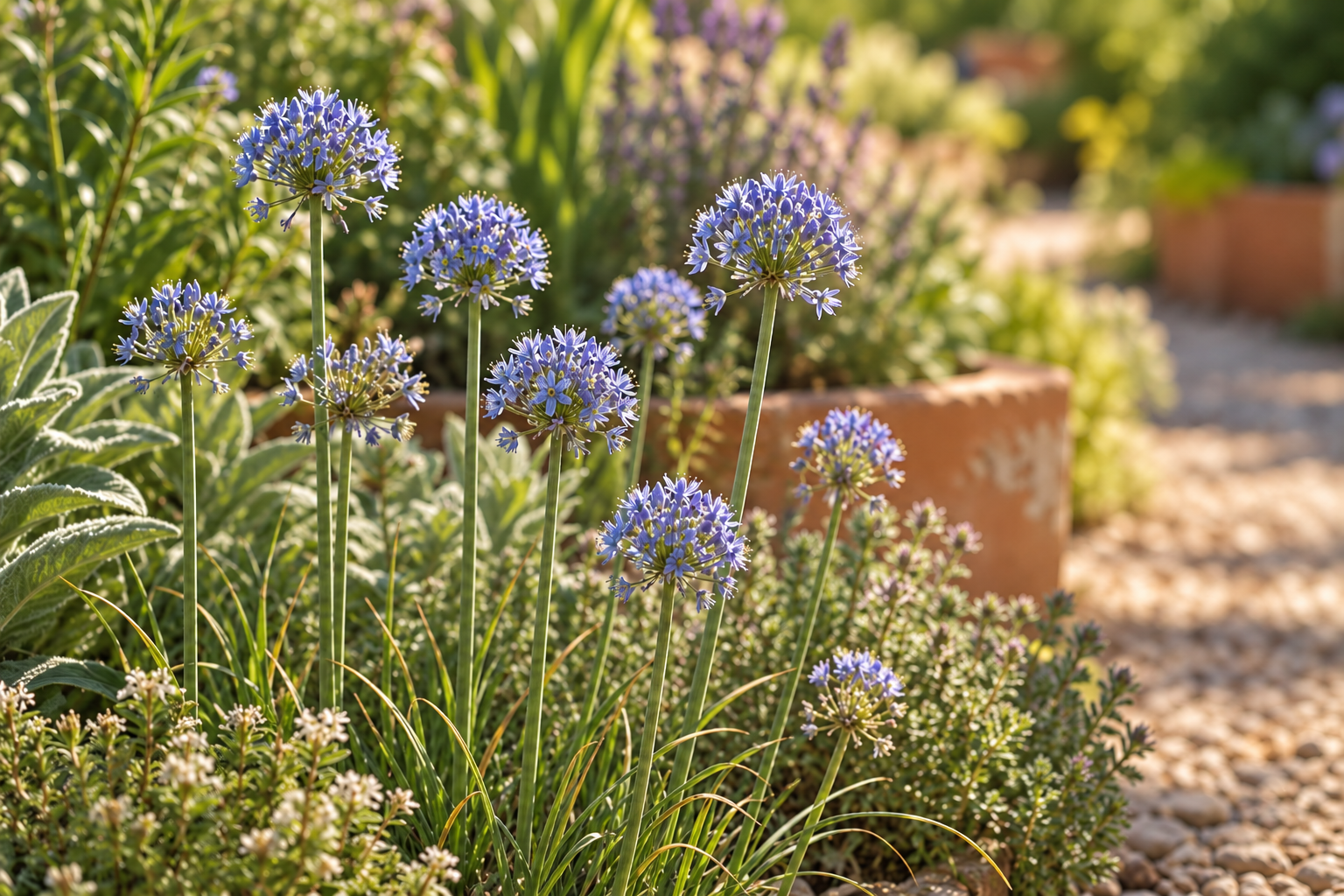KI-gestaltete Gartenszene der späteren Blüte von Allium caeruleum; geliefert werden Zwiebeln