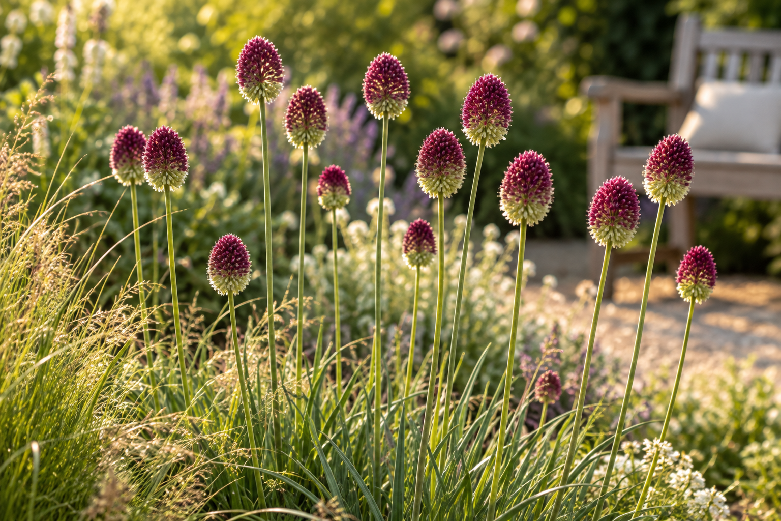 KI-gestaltete Gartenszene der späteren Blüte von Allium sphaerocephalon; geliefert werden Zwiebeln