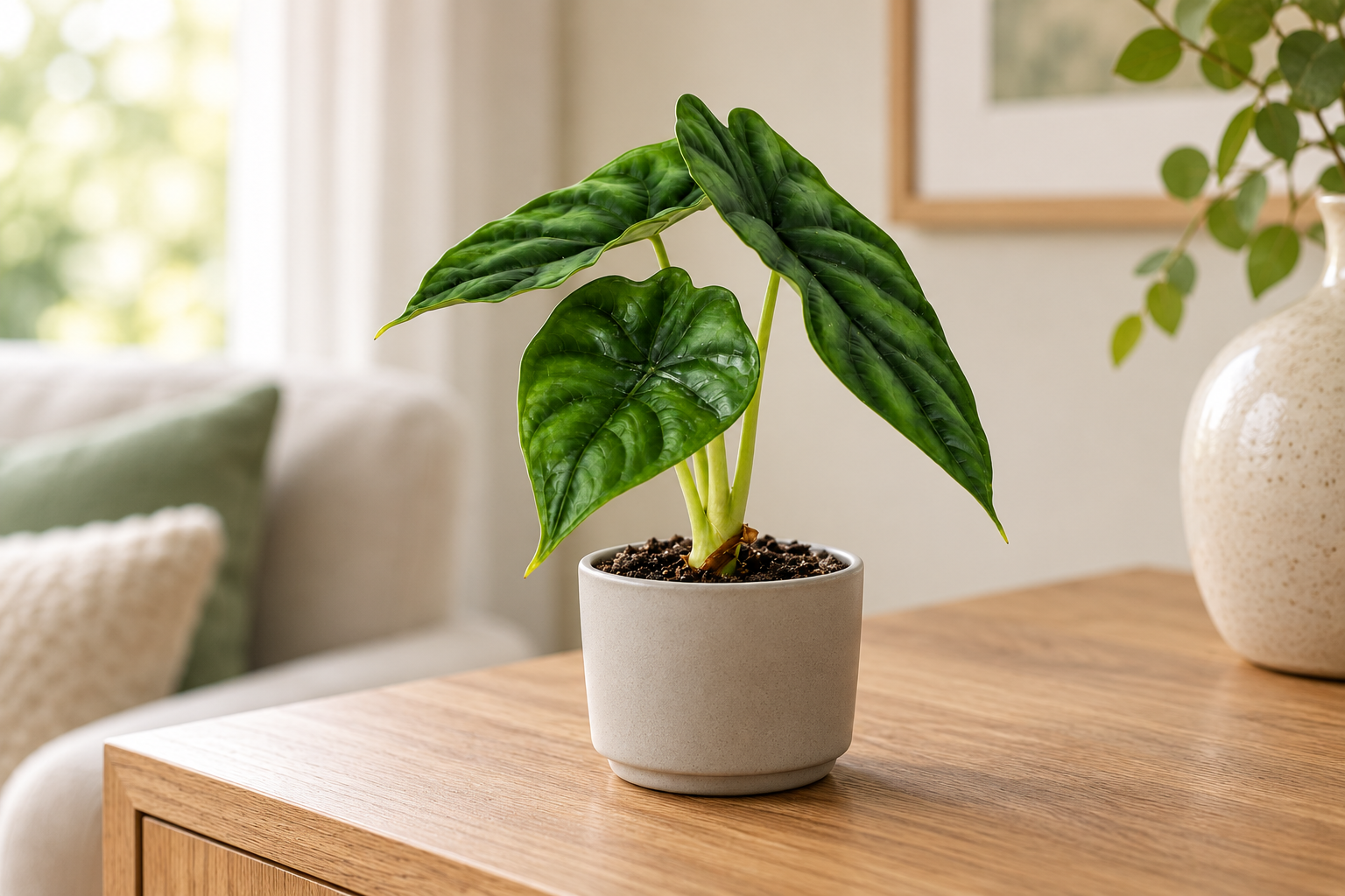 Kleine Alocasia Dragon Scale mit drei dunkelgrünen stark strukturierten Blättern in einem schlichten Übertopf auf einem hellen Holzsideboard
