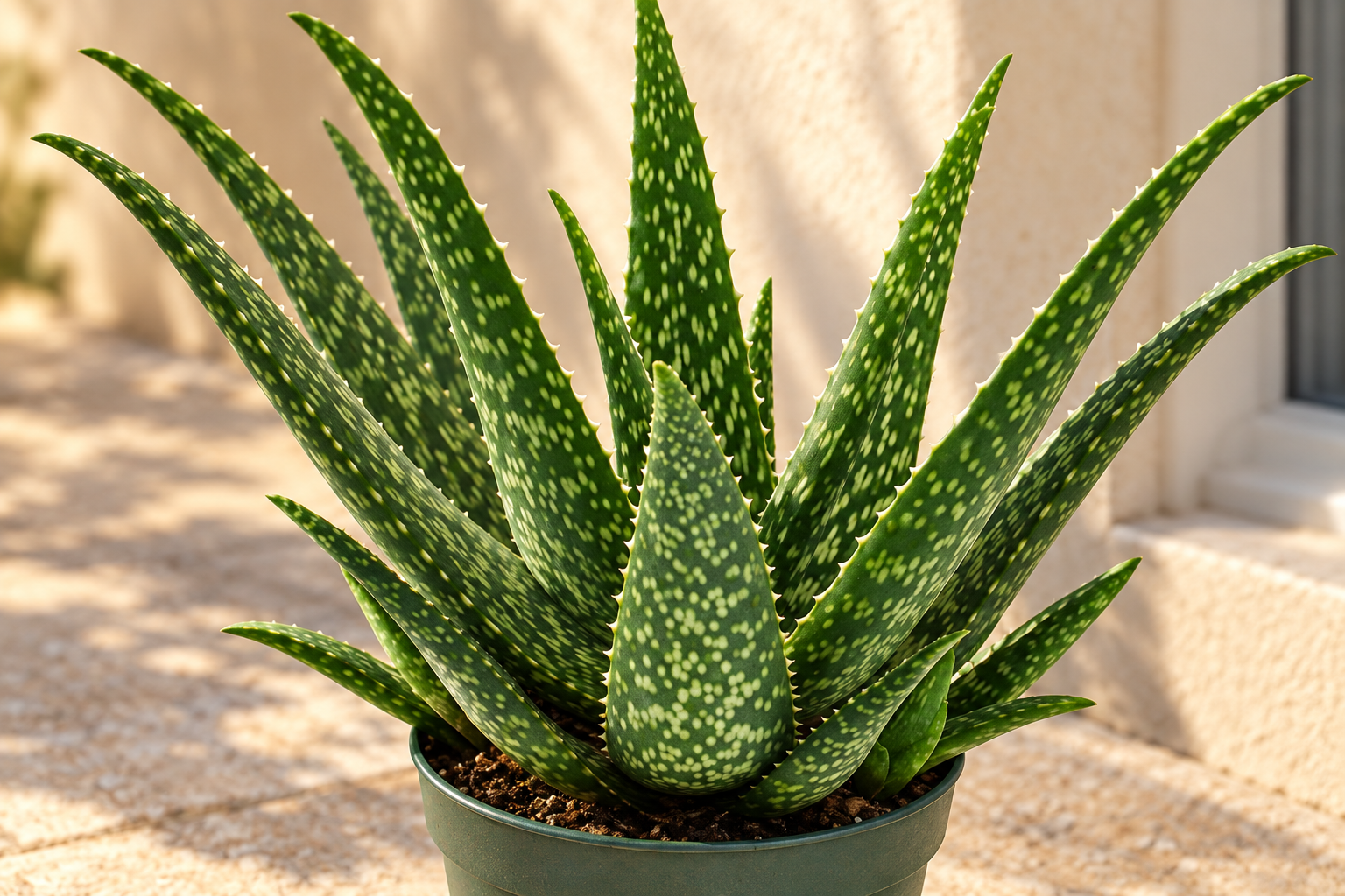 KI-gestaltete Nahansicht breiter fleischiger grüner Aloe-Blätter mit vielen hellen Flecken und blassen Randzähnen