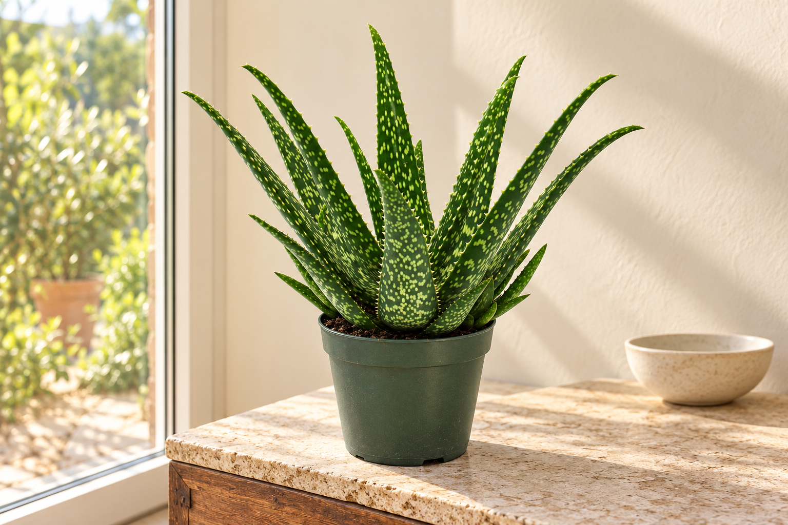 Aloe-Rosette mit breiteren hell gesprenkelten grünen Blättern auf einer hellen Steinablage direkt neben großer Glasfläche