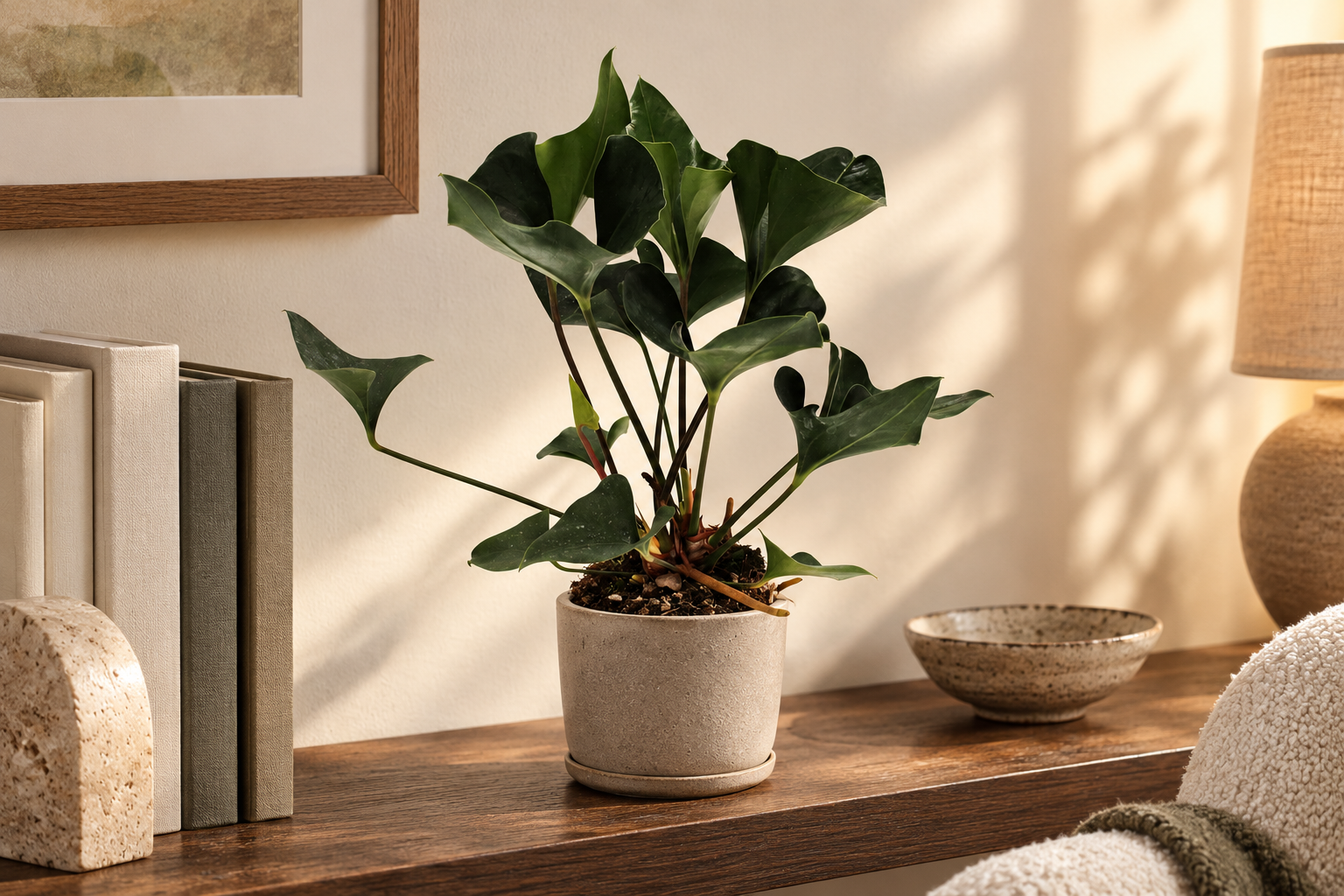 KI-gestaltete Wohnszene mit Anthurium 'Arrow' nach der zugehörigen Original-Shopaufnahme