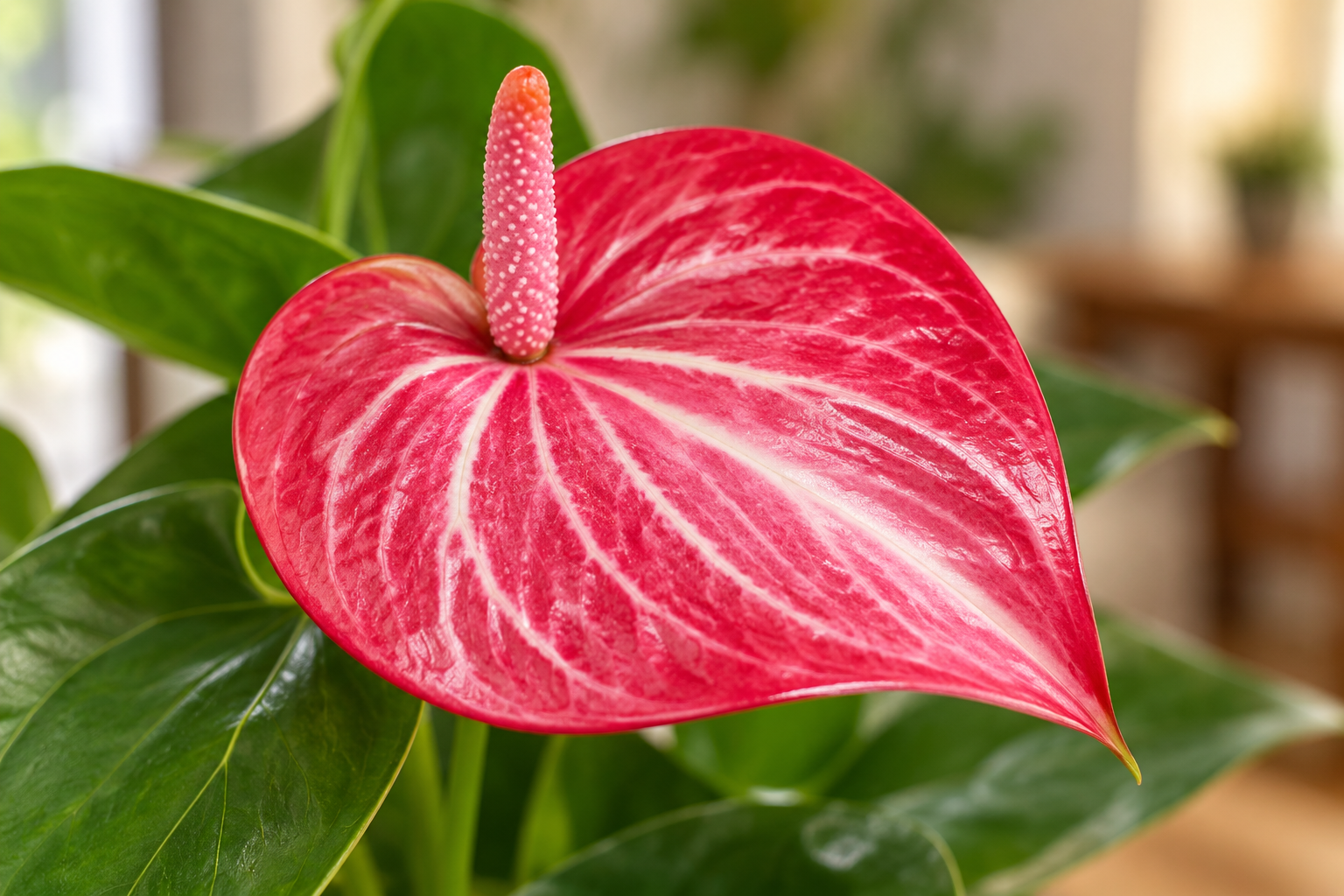 Vergrößerte KI-Detailansicht von Anthurium 'Livium'