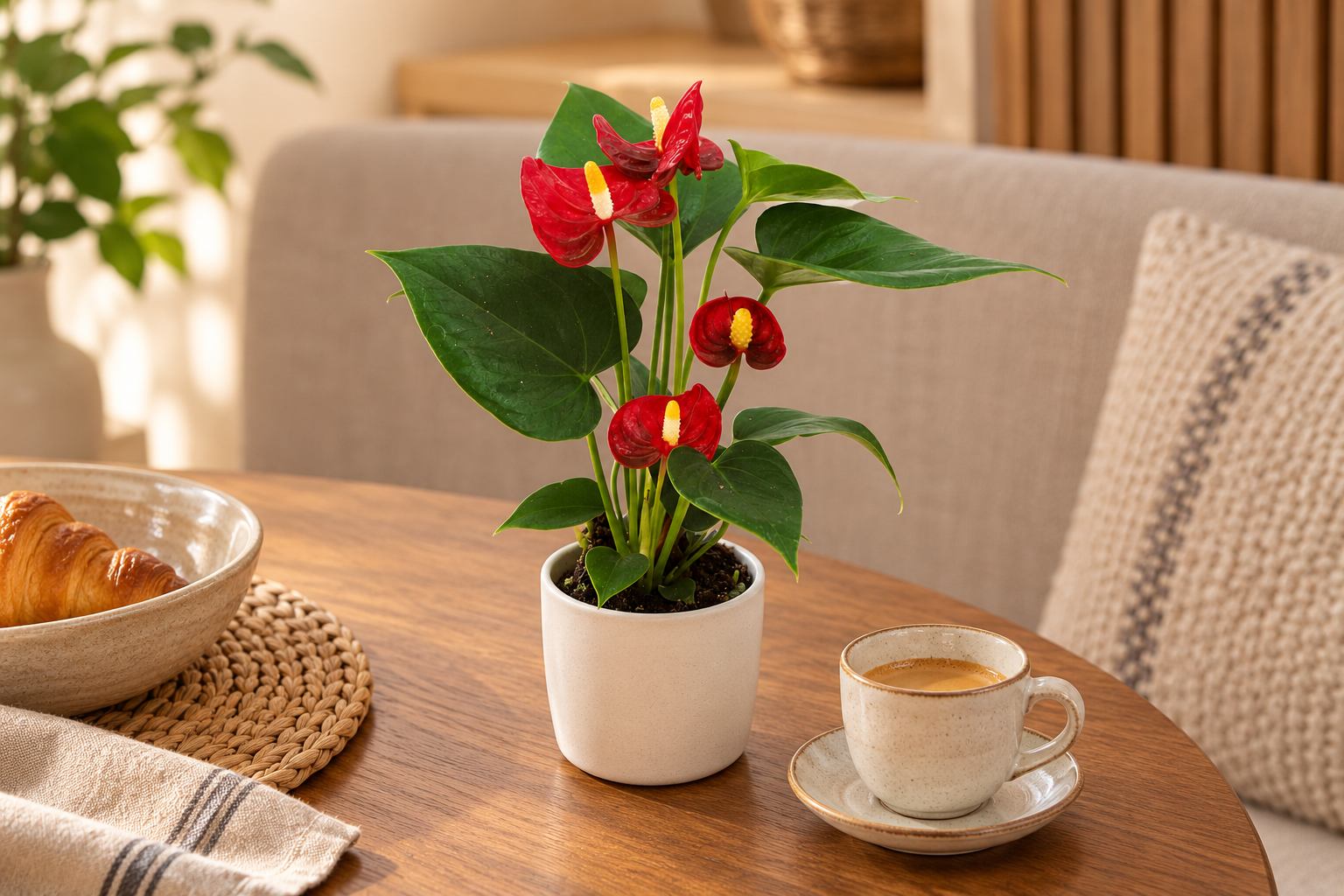 Kleine Anthurium Red Champion mit roten Hochblättern auf einem hellen Frühstückstisch in einer KI-gestalteten Wohnszene
