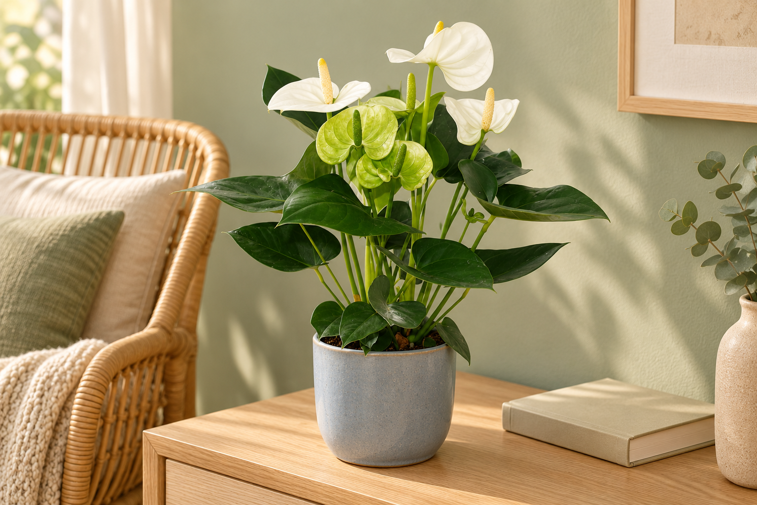 Anthurium Sierra White in einer hellen warmen KI-Szene