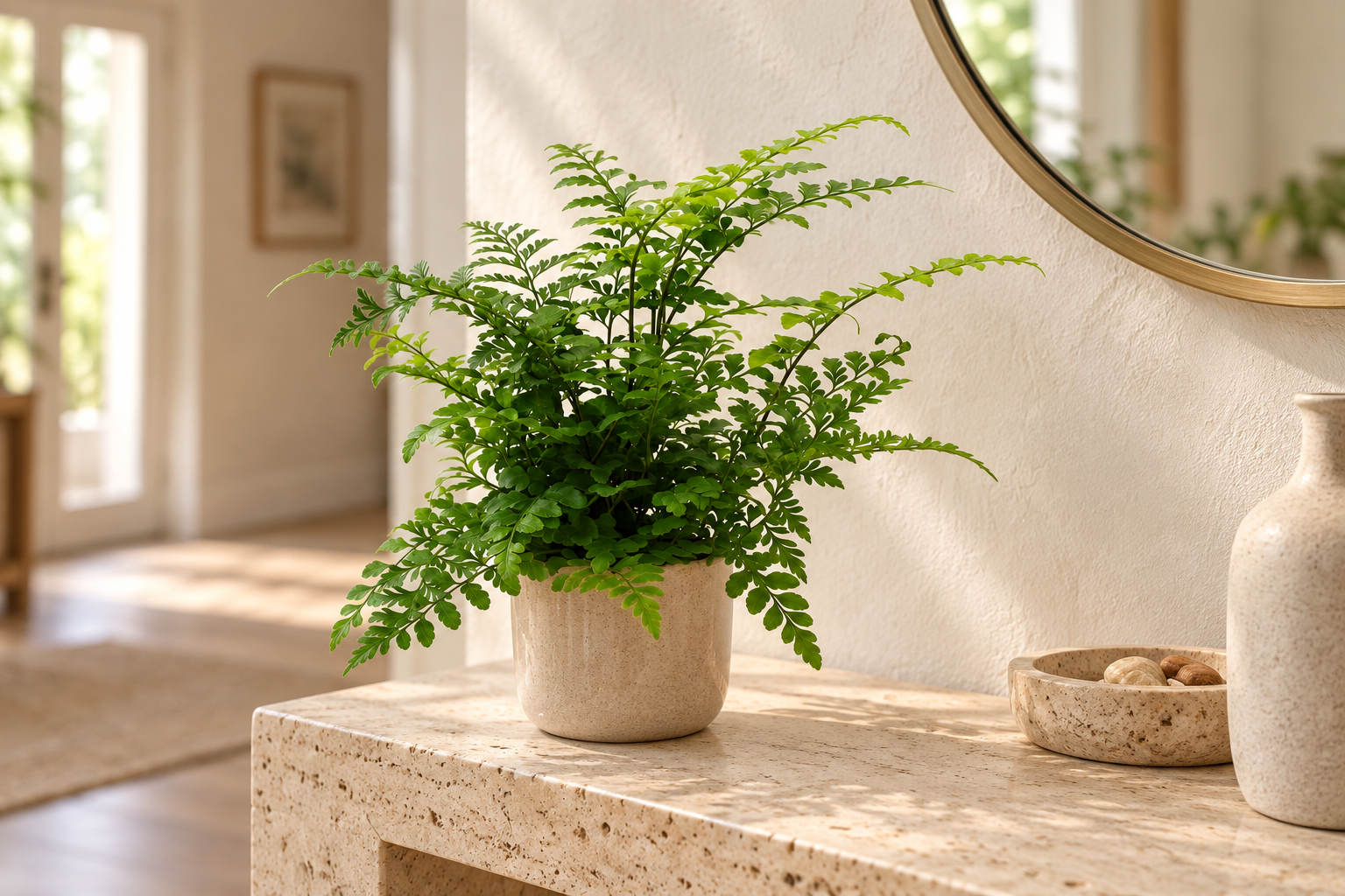 Kleiner Asplenium Parvati mit glänzenden gegliederten Wedeln in einer hellen KI-gestalteten Wohnkonsole-Szene