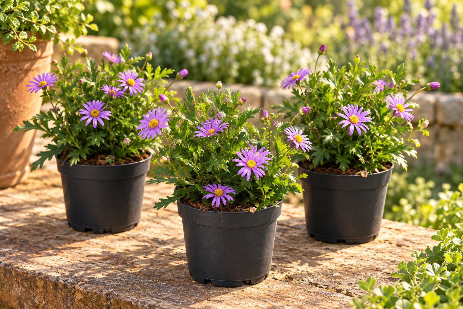 KI-gestaltete Gartenszene mit Brachyscome multifida · Blaue Jungs in den Proportionen der jungen Sortimentspflanzen
