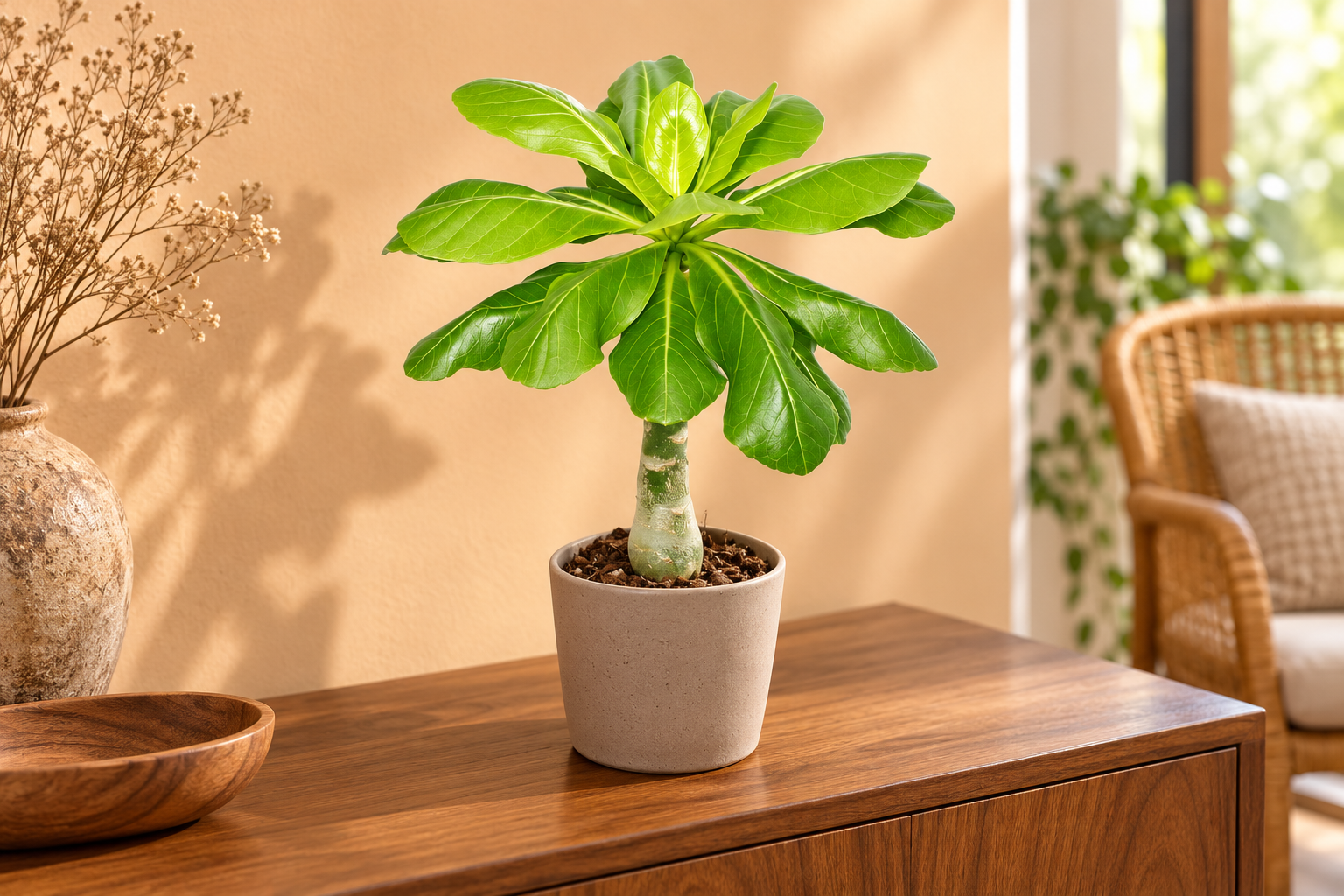 Junge Hawaii-Palme Brighamia insignis mit verdicktem hellem Stamm und glänzender grüner Blattkrone auf einer hellen Wohnkonsole
