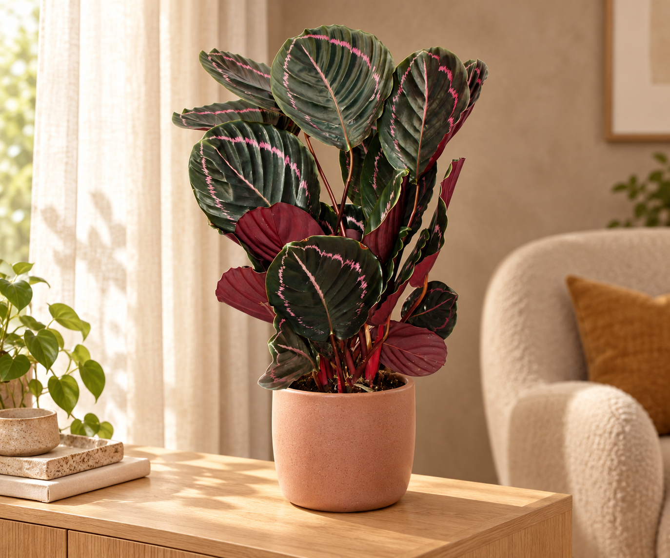 Calathea Dottie mit dunklen rosa gezeichneten Blättern im zart terrakottafarbenen Übertopf auf einem hellen Sideboard
