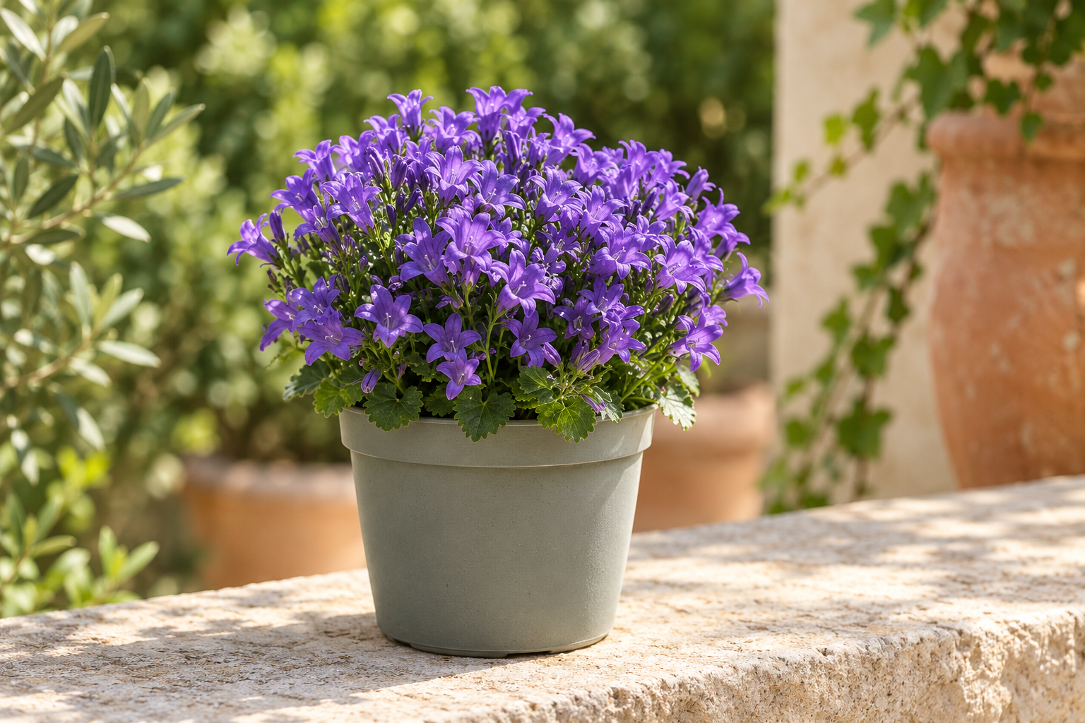 Eine junge kompakte Ambella-Glockenblume mit lila Blüten im graugrünen 12-cm-Kulturtopf auf einer hellen Gartenterrasse; KI-Szene
