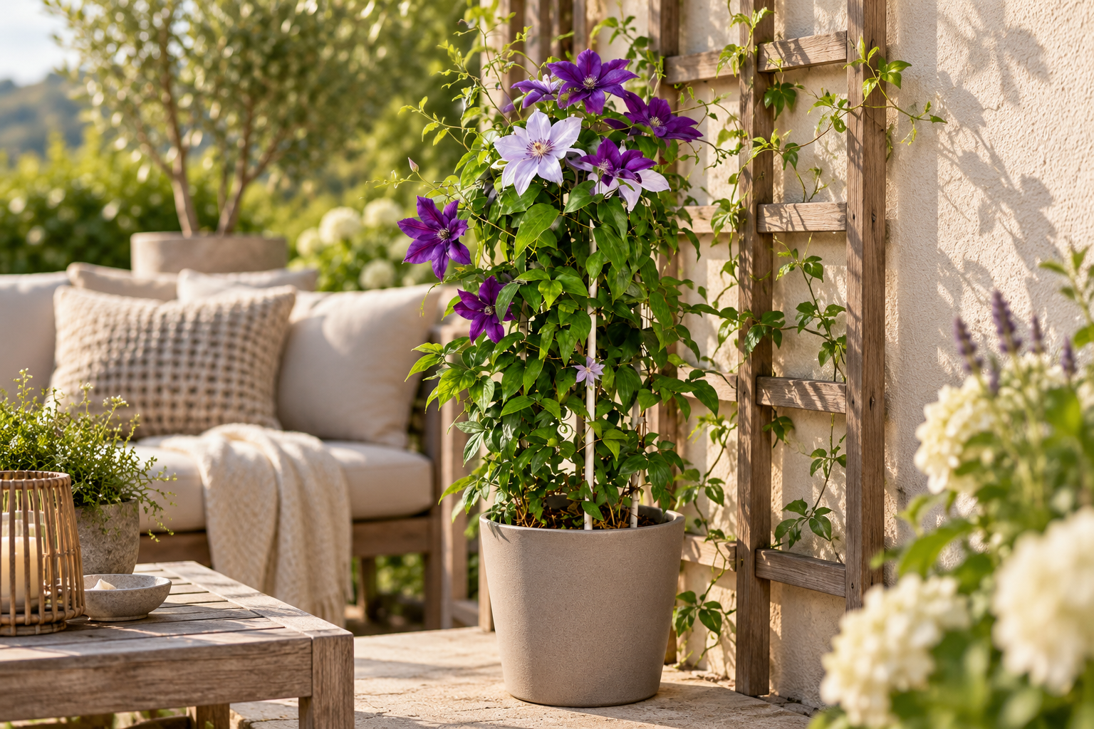 Clematis-Kombination mit hellen und dunkleren violetten Blüten in einem Topf vor einer Terrassenrankhilfe, KI-Szene