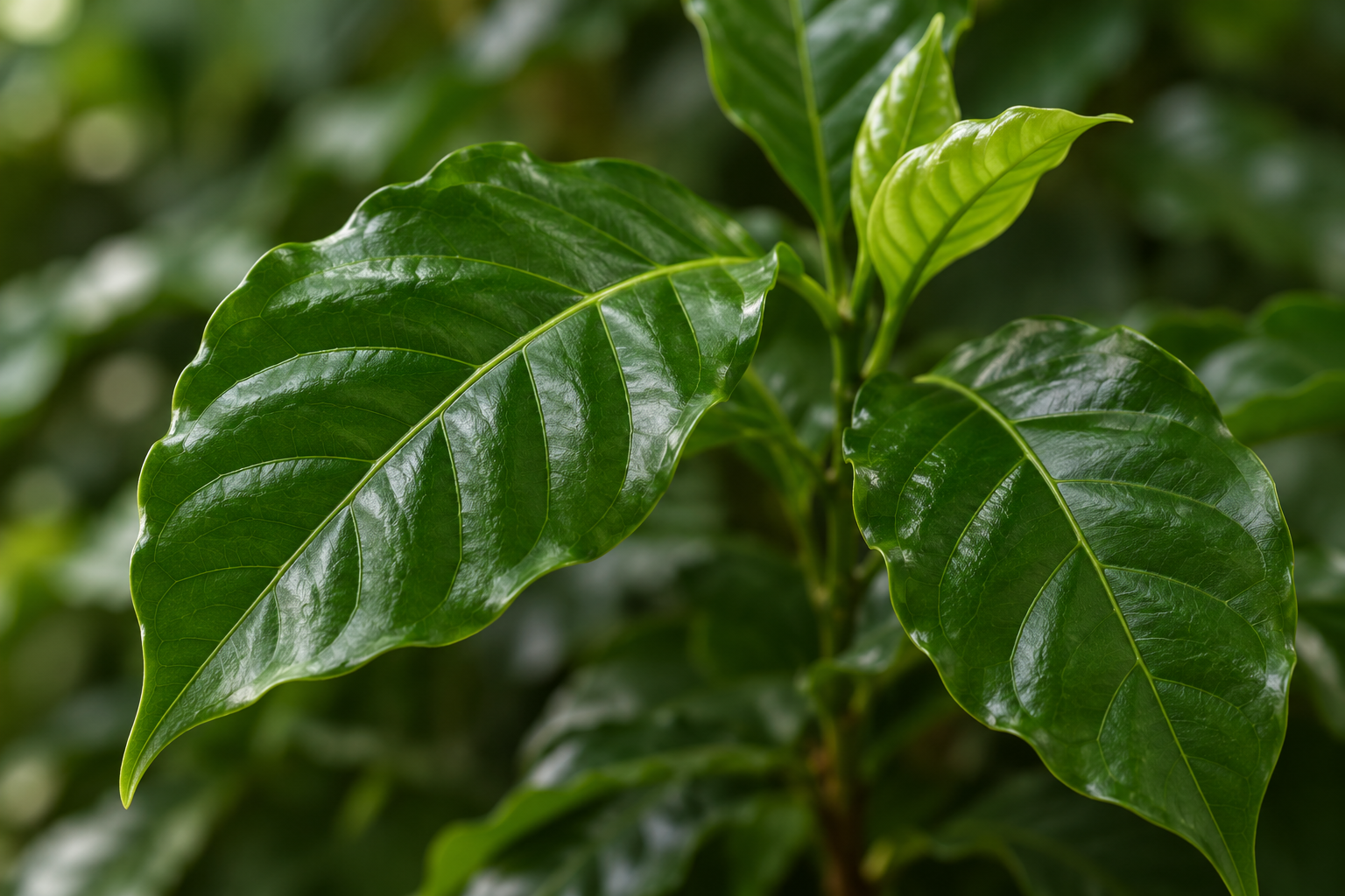 Glänzende elliptische Kaffeeblätter mit welligen Rändern und deutlichen Seitenadern