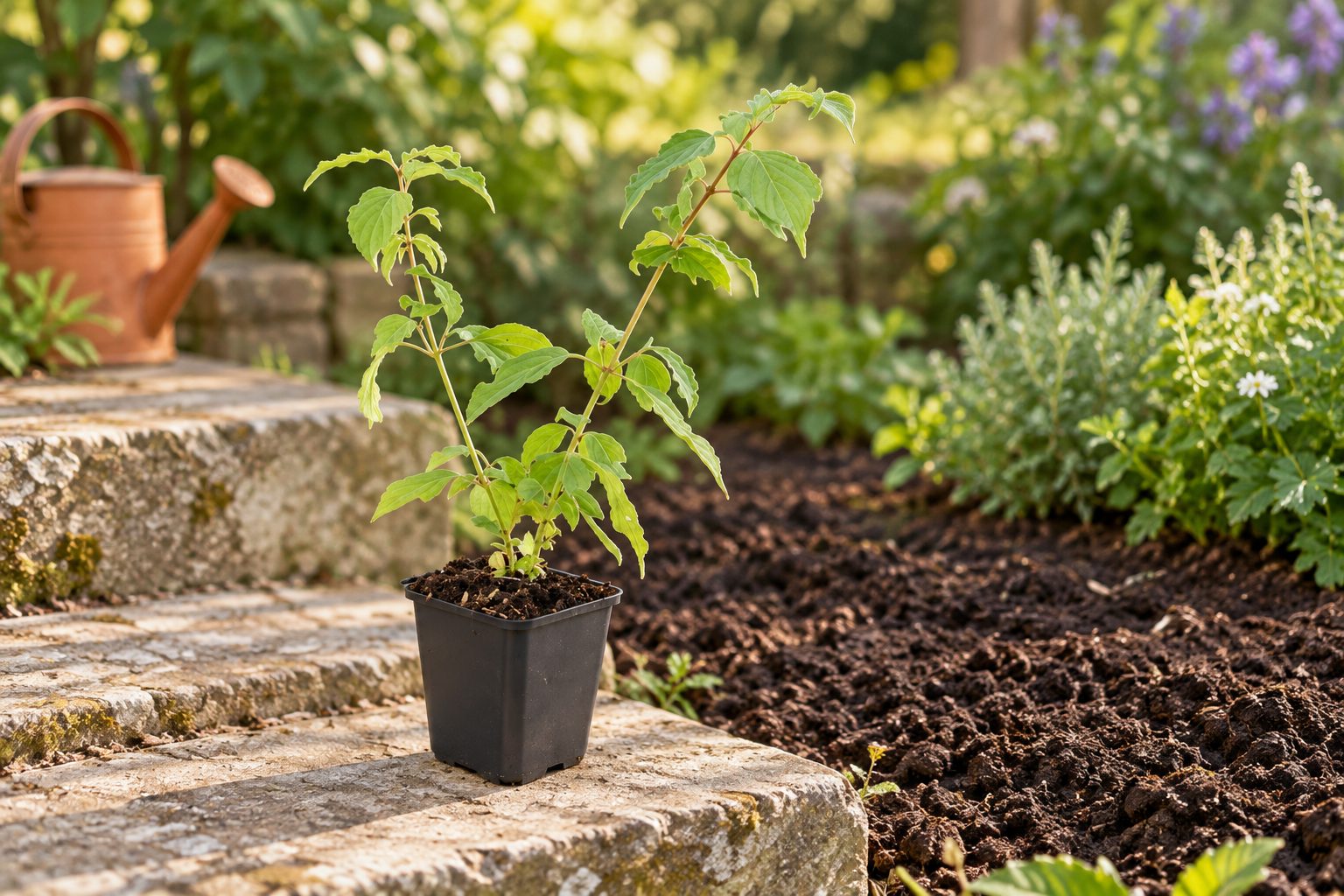 Junger grün belaubter Hartriegel im dunklen quadratischen Kulturtopf auf einer Gartensteinstufe neben dem vorbereiteten Beet; KI-gestaltete Szene