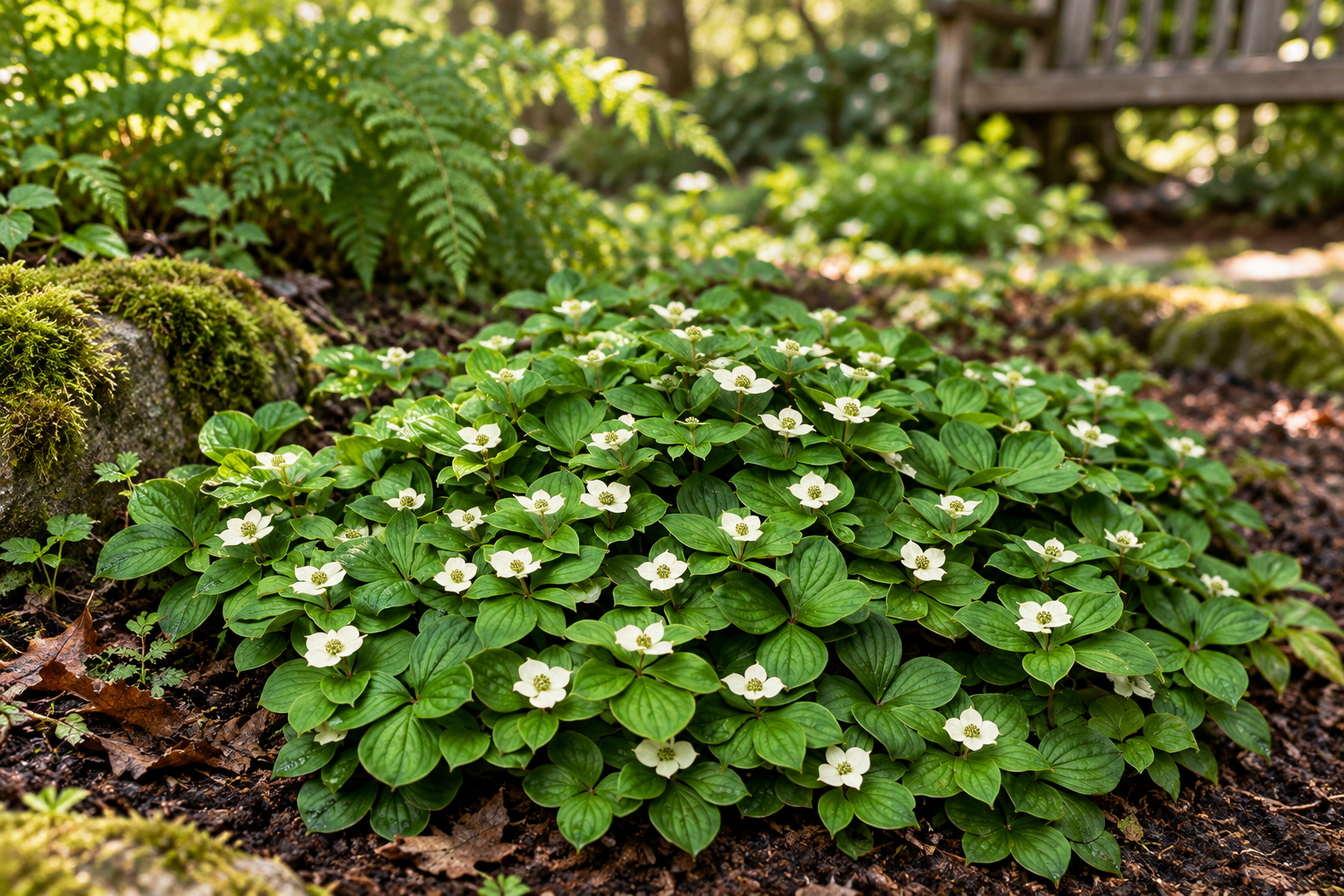 Niedriger Kanadischer Hartriegel mit weißen vierteiligen Hochblättern im halbschattigen Gartenbeet