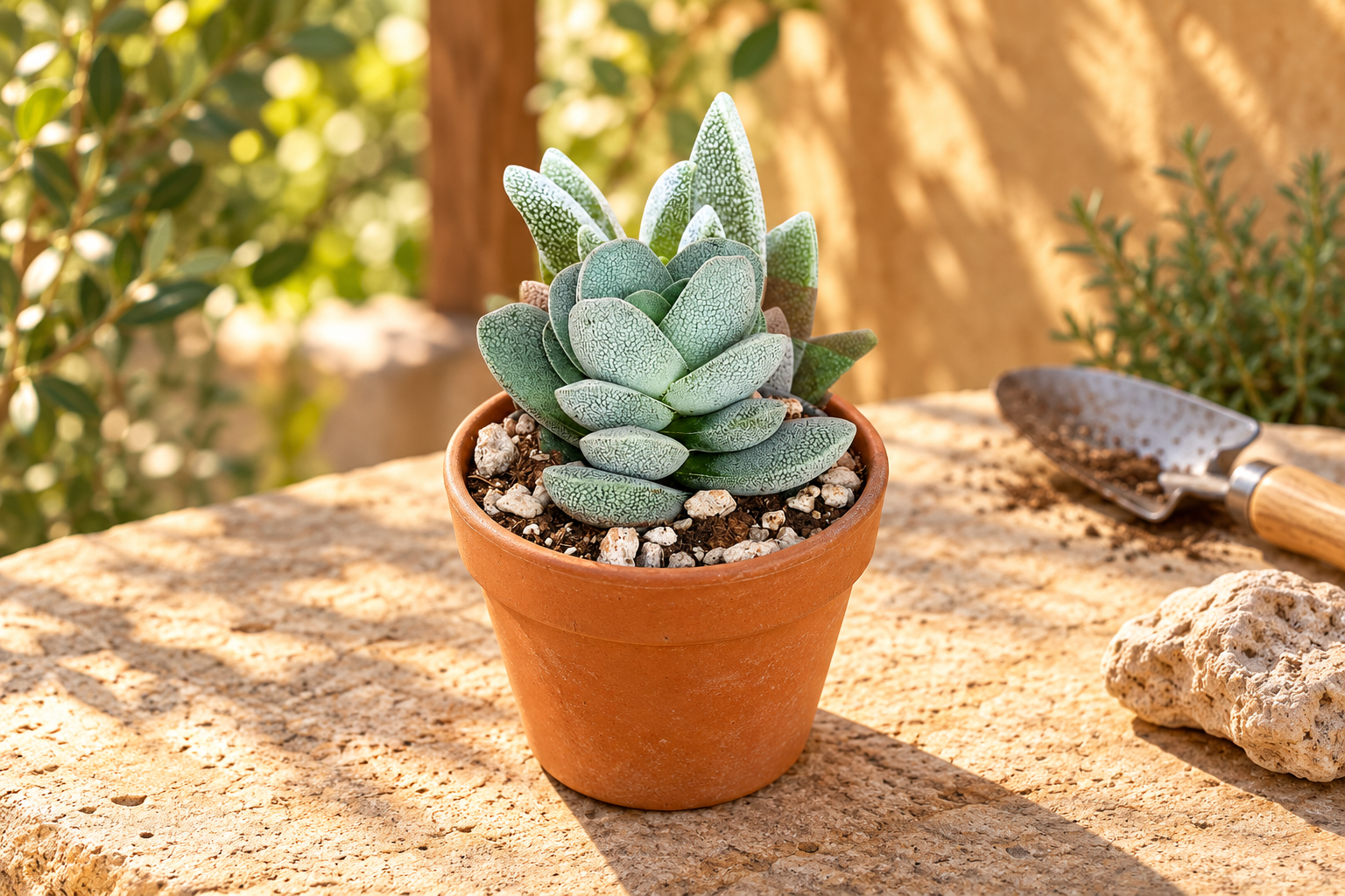 Kleine Crassula tecta mit dickfleischigen, fein weiß gepunkteten Blättern im terrakottafarbenen Topf auf einem hellen Gartentisch, KI-gestaltete Szene