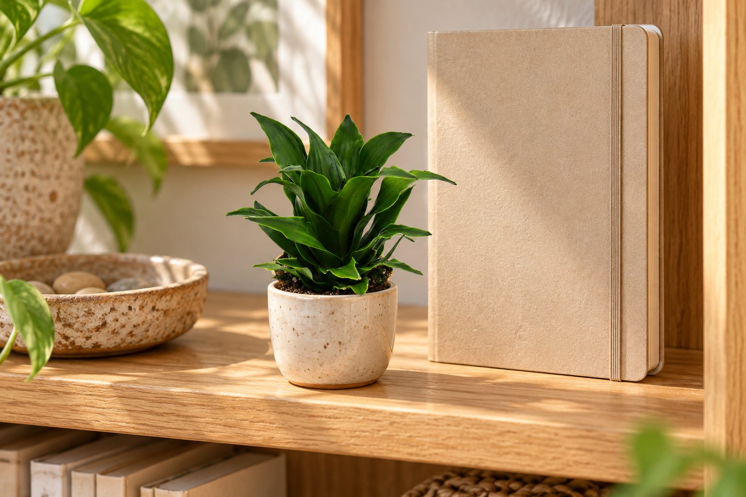 Winzige Dracaena Compacta im kleinen sandfarbenen Übertopf neben einem unbeschrifteten Notizbuch