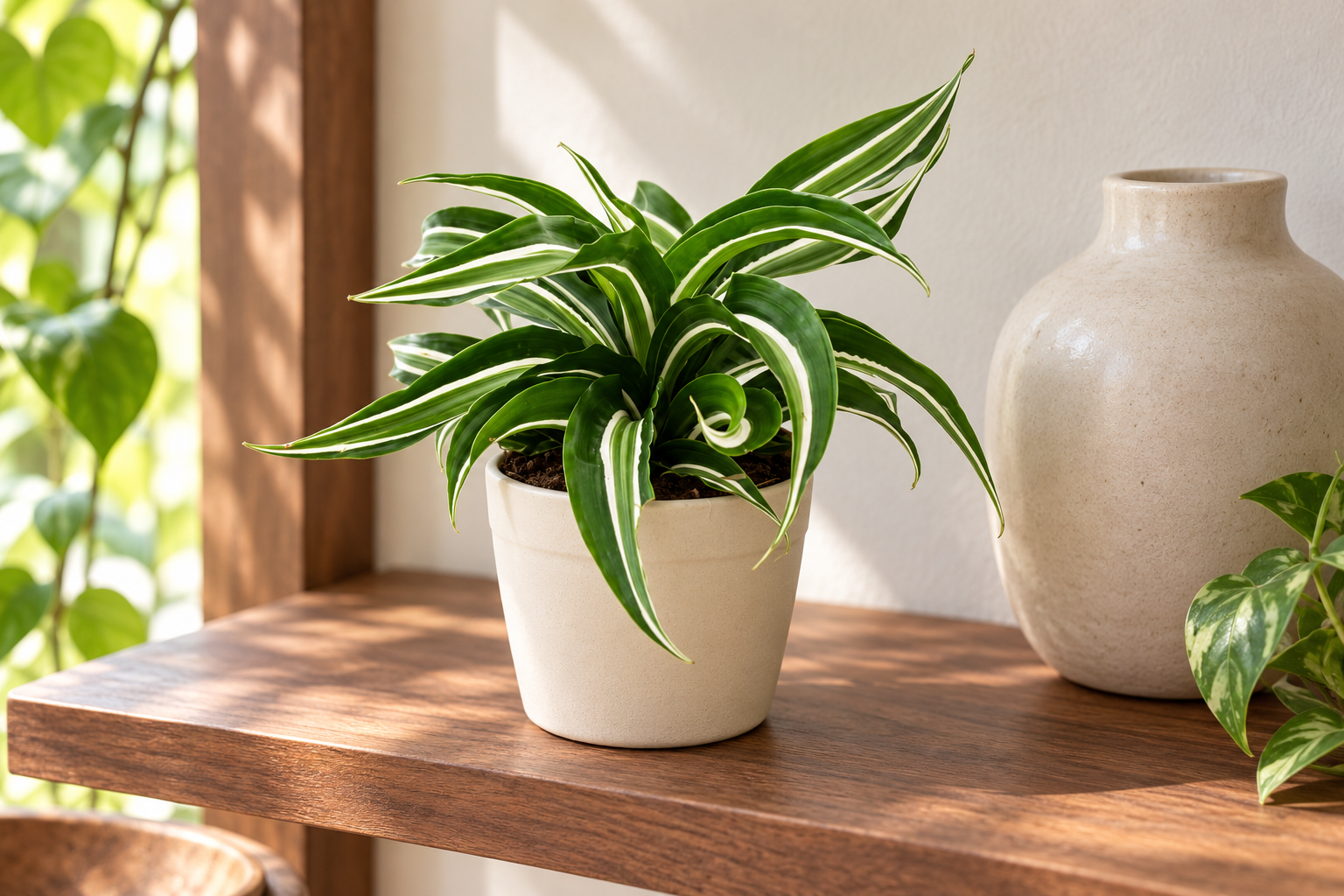 KI-gestaltete Wohnszene mit Dracaena fragrans 'Curly Malaika' in den Proportionen der jungen Sortimentspflanze