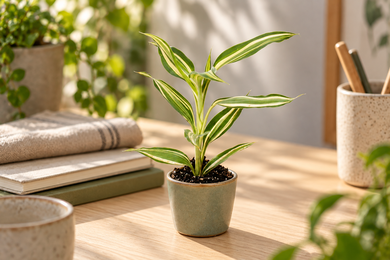 Kleine gestreifte Dracaena sanderiana in einem schmalen Übertopf in weichem Tageslicht