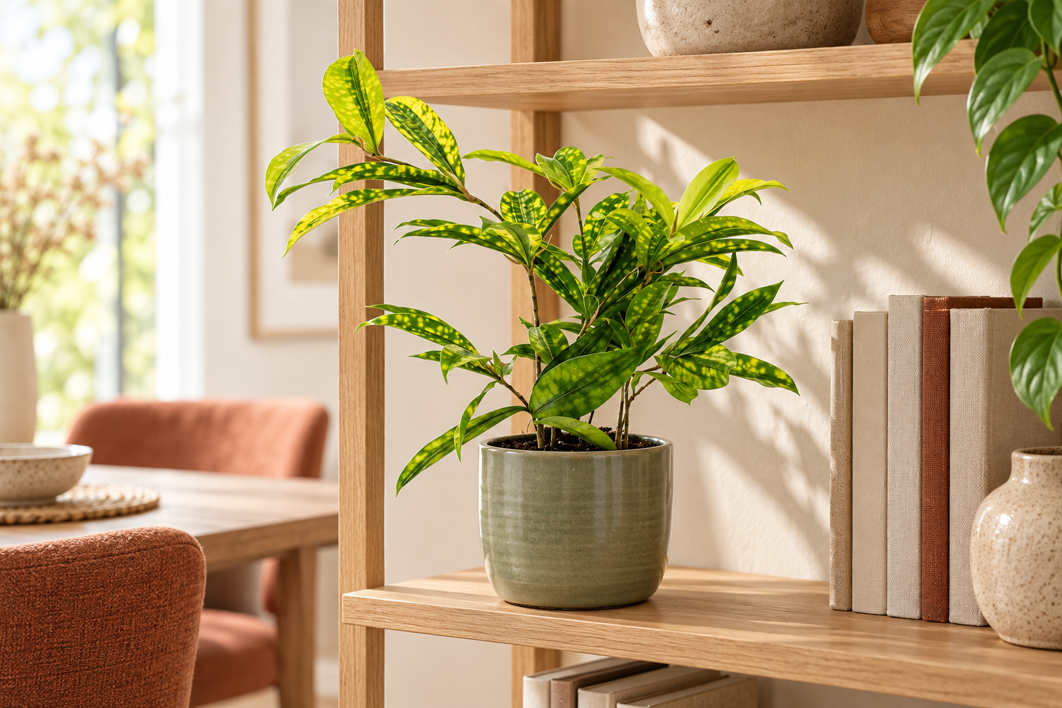 Junge Dracaena surculosa mit ovalen gelbgrün getupften Blättern und feinen verzweigten Trieben auf einem hellen offenen Bücherregal in einer KI-Szene