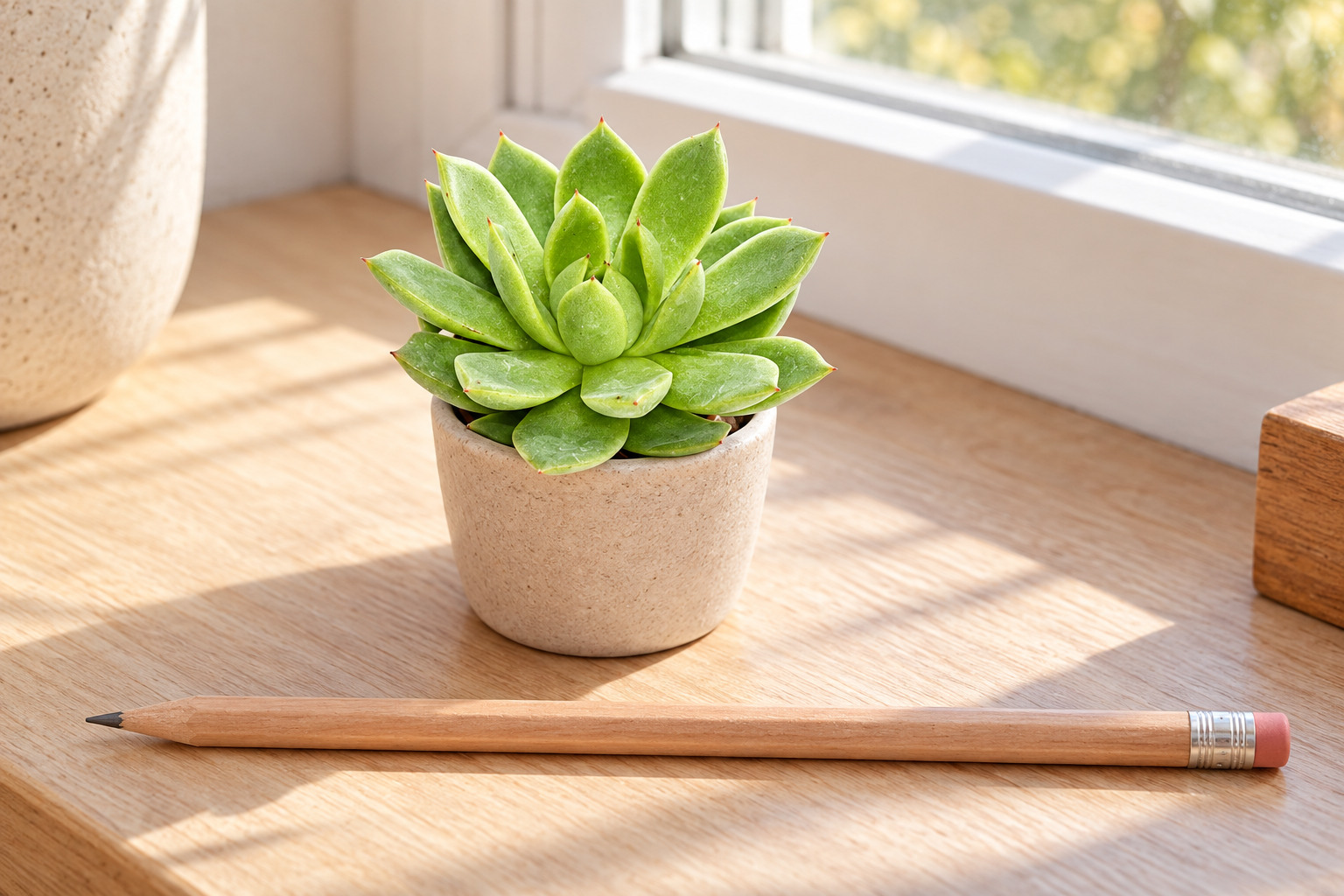 Echeveria agavoides in einer KI-gestalteten Fensterszene nach dem Original-Shopbild