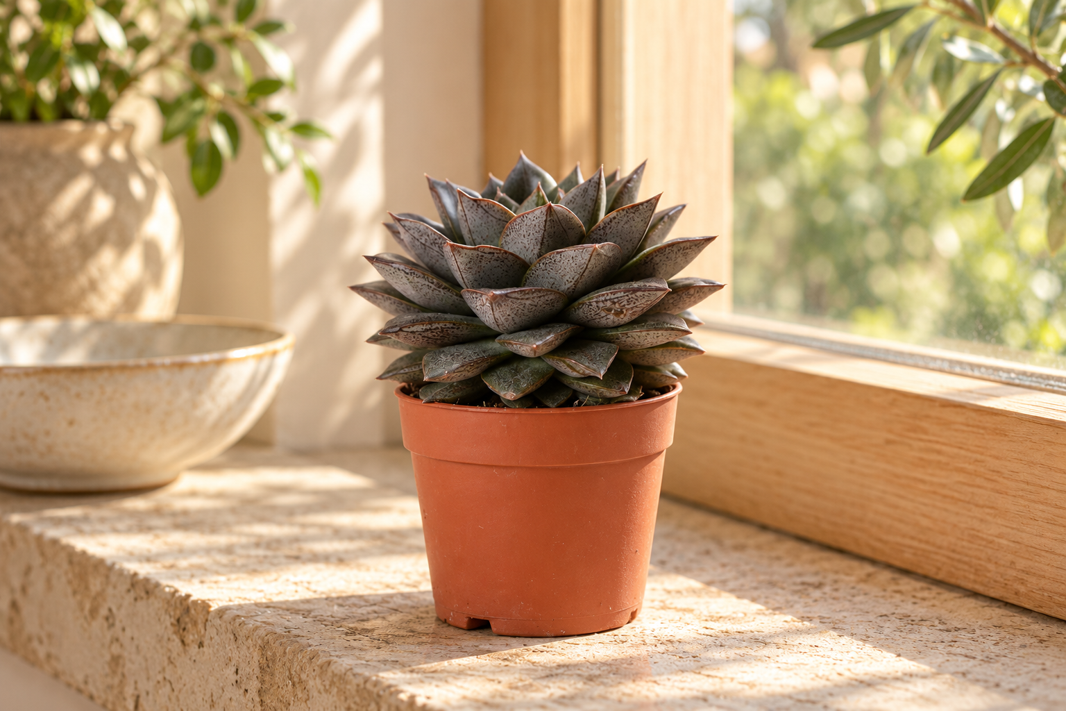 KI-gestaltete Wohnszene mit Echeveria purpusorum im Größenbezug des Sortimentsartikels