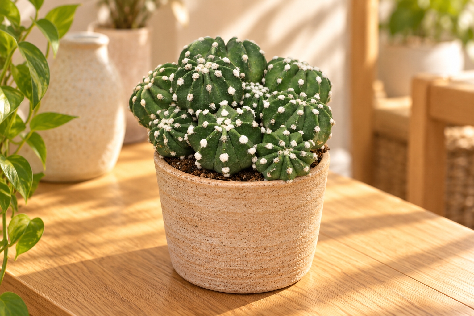 Gruppe kleiner gerippter grüner Echinopsis-Köpfe mit hellen Areolen im Keramikübertopf auf einem sonnigen Pflanztisch