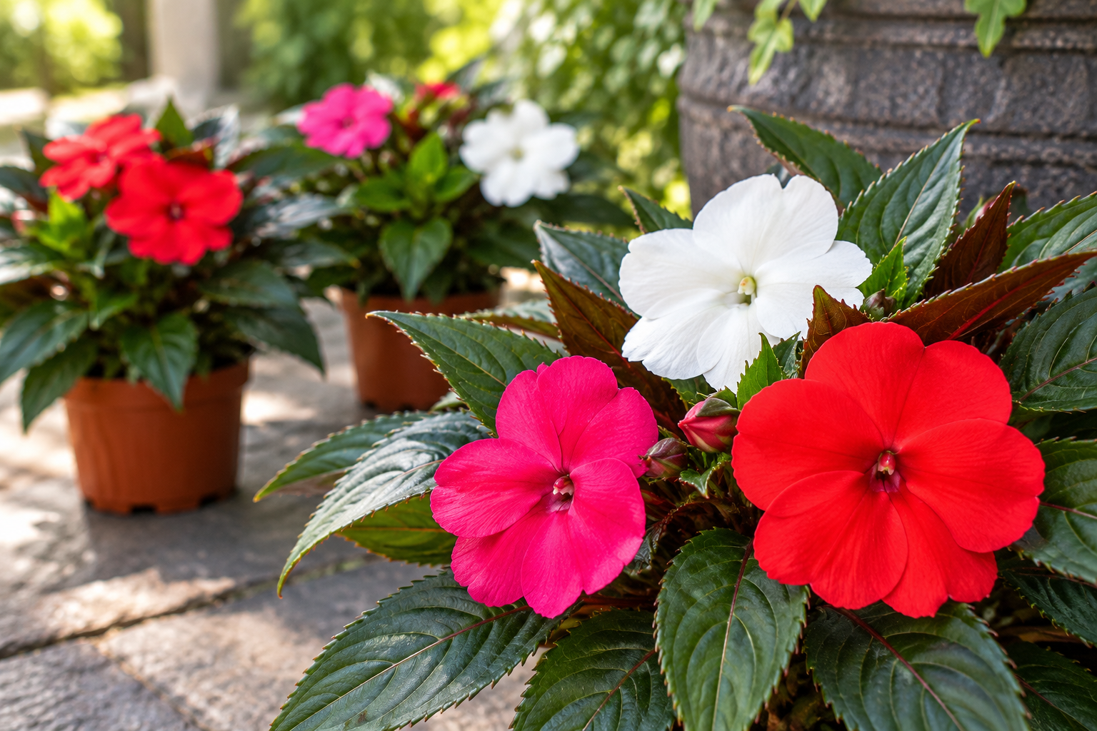 Vergrößerte KI-Detailansicht von Impatiens New Guinea Group