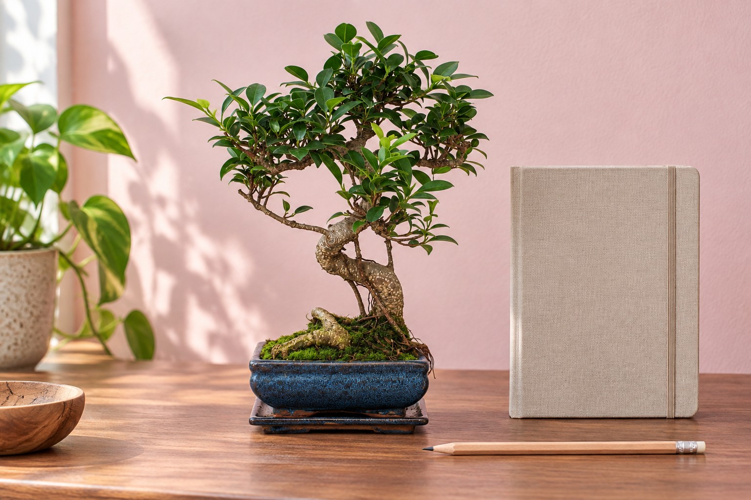 Chinesischer Feigenbaum als Bonsai in einer KI-gestalteten Szene nach dem Original-Shopbild