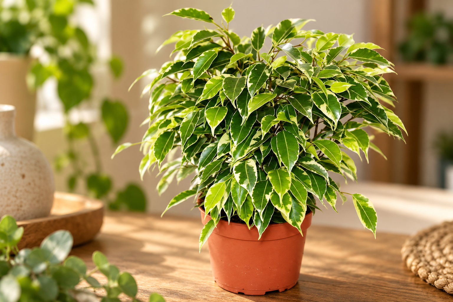 Vergrößerte KI-Detailansicht von Ficus benjamina 'Kinky'