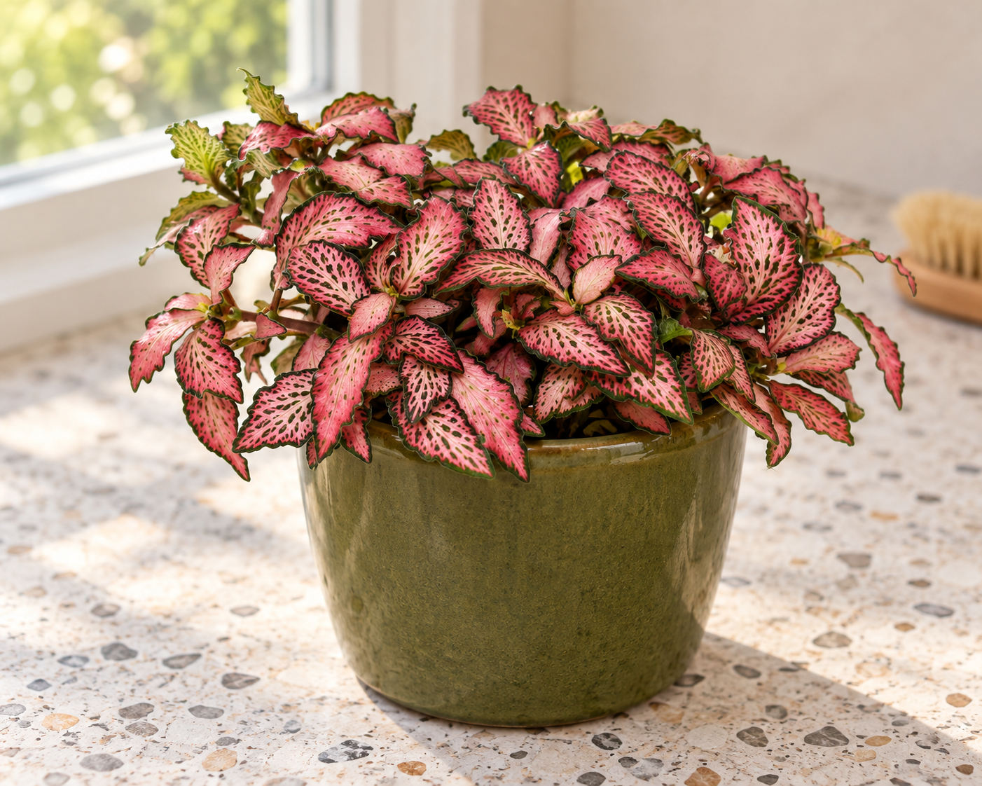 Kleine Forest Flame Pink mit rosa gezeichneten spitzen gewellten Blättern im grünen Gefäß auf hellem Terrazzo