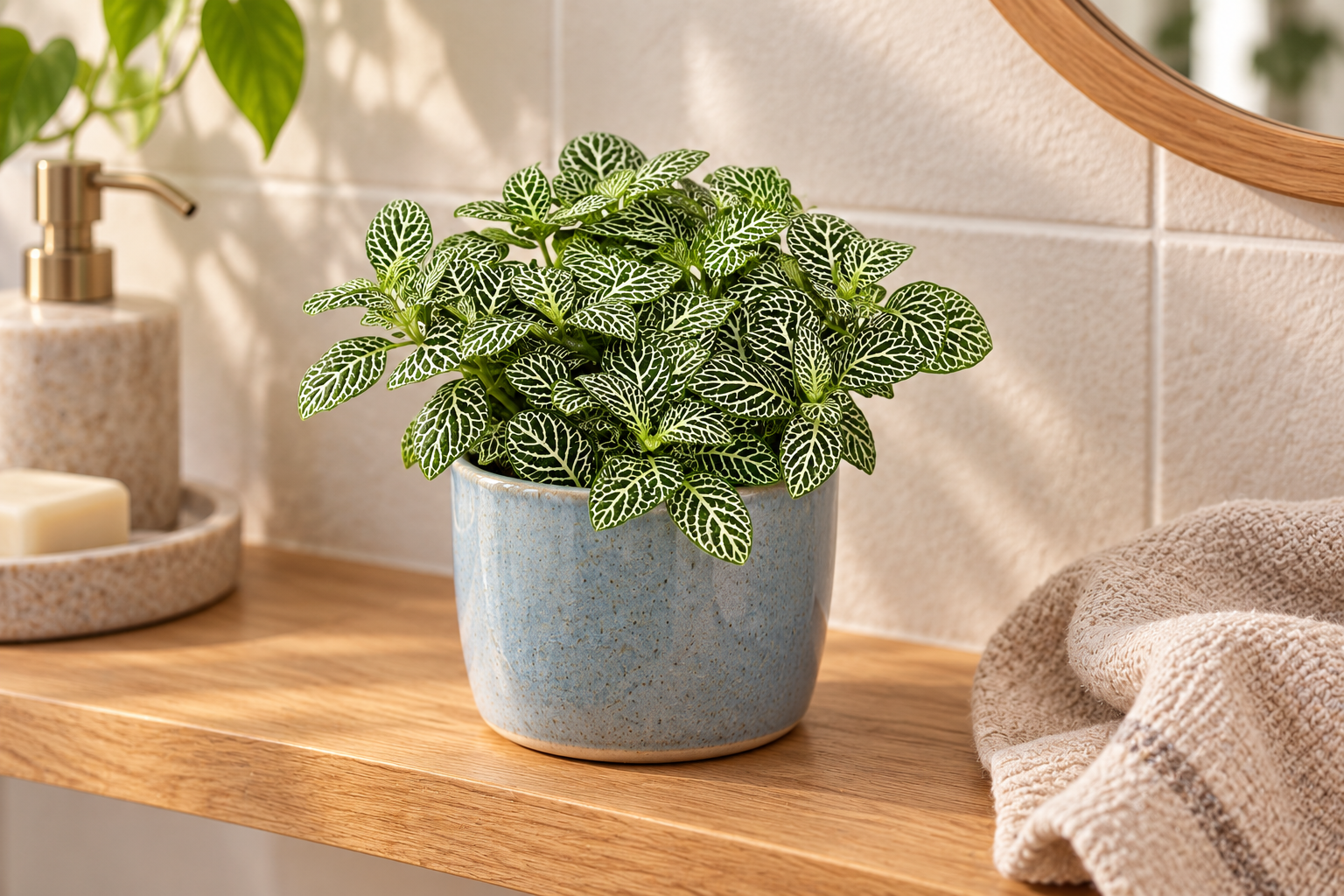 Eine weiß geaderte Fittonia als Beispielfarbe im hellblauen Übertopf auf einer warmen Badezimmerablage