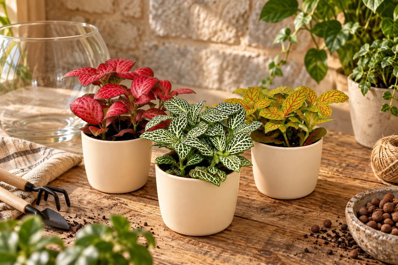 Drei kleine unterschiedlich geaderte Fittonien in getrennten Töpfen auf einem hellen Terrarien-Arbeitstisch, KI-Szene