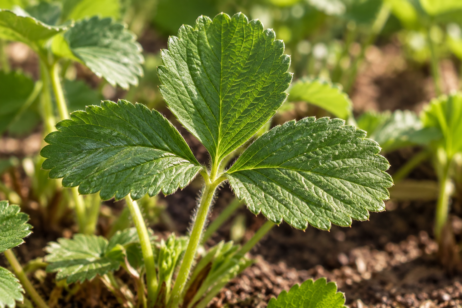 Drei grüne gezähnte Teilblättchen einer Garten-Erdbeere an einem fein behaarten Blattstiel; KI-gestaltetes Detail