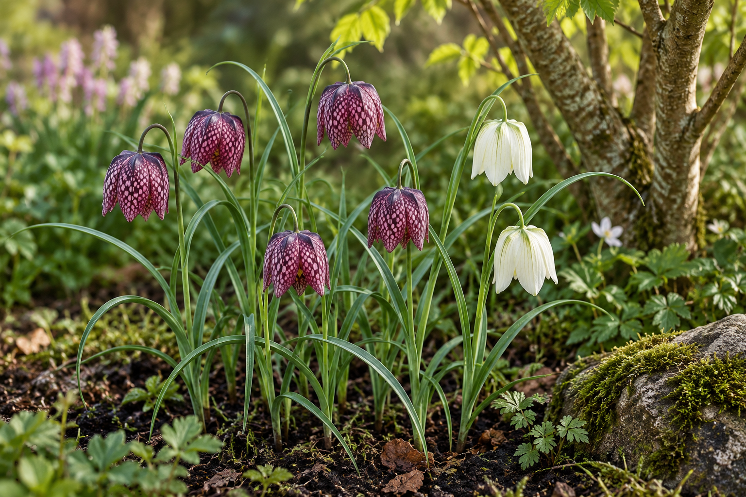 KI-gestaltete spätere Blüte von Fritillaria meleagris am passenden Gartenplatz