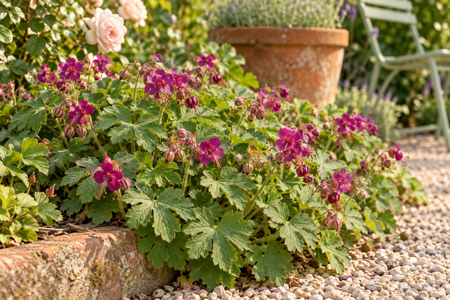 Spätere Gartenpflanzung von Geranium macrorrhizum 'Bevan’s Variety' mit arttypischem Laub und Blüten in weichem Licht