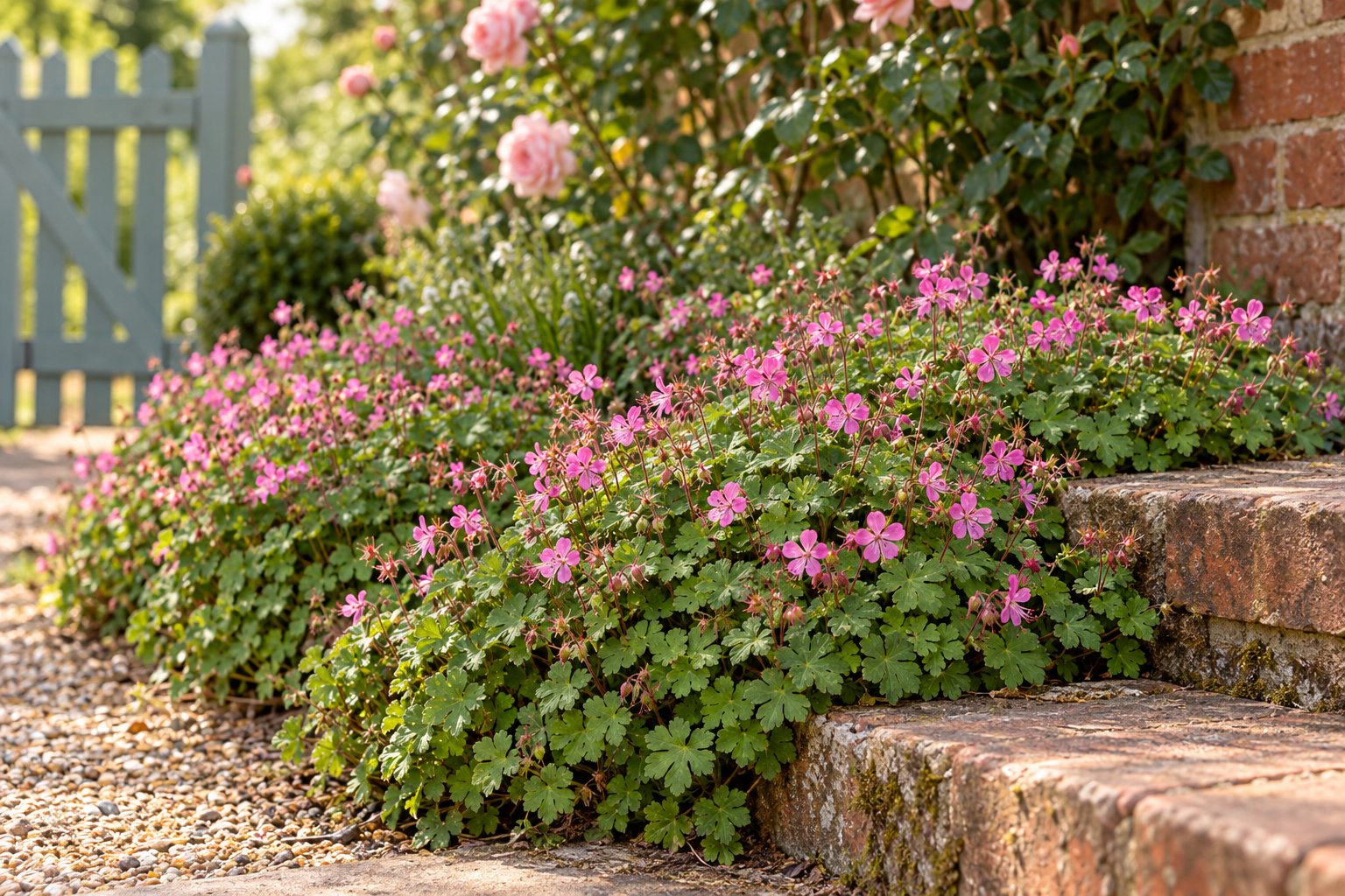 Spätere Gartenpflanzung von Geranium × cantabrigiense 'Cambridge' mit arttypischem Laub und Blüten in weichem Licht