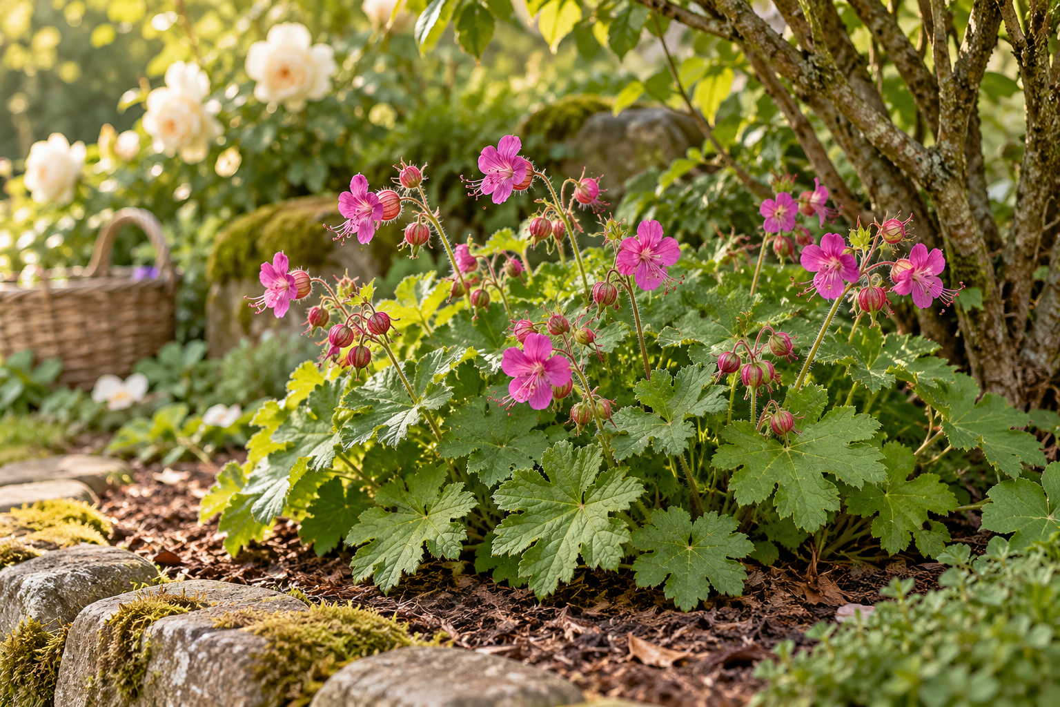 Später entwickelter Czakor mit purpurrosa Blüten, langen Staubfäden und gelappten grünen Blättern an einem Gehölzrand