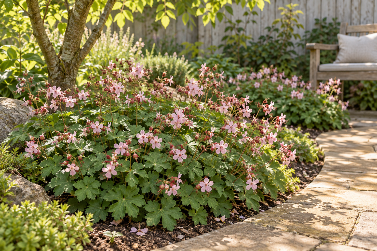 Spätere Gartenpflanzung von Geranium macrorrhizum 'Ingwersen’s Variety' mit arttypischem Laub und Blüten in weichem Licht