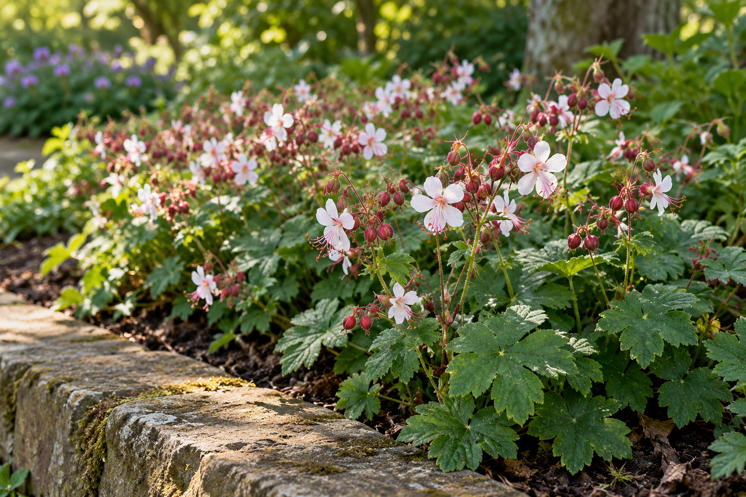 KI-Detailansicht eines entwickelten blühenden Gartenbestands: Geranium macrorrhizum 'Spessart'