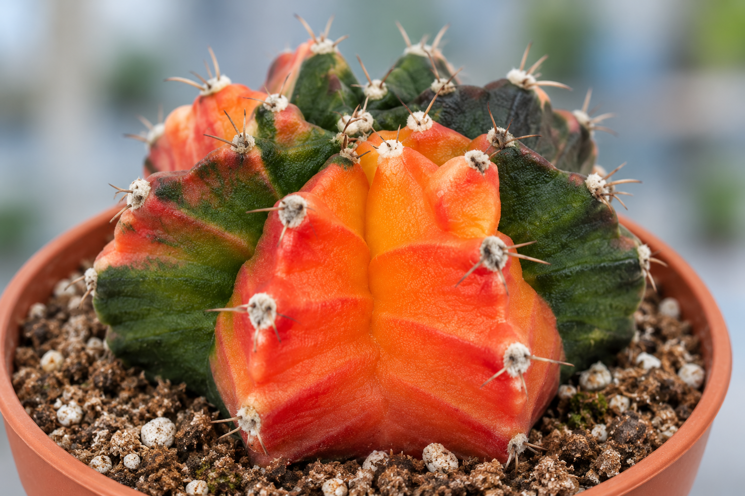 KI-gestaltetes vergrößertes Detail orange-roter und dunkelgrüner Koi-Rippen mit hellen Areolen und kurzen Dornen