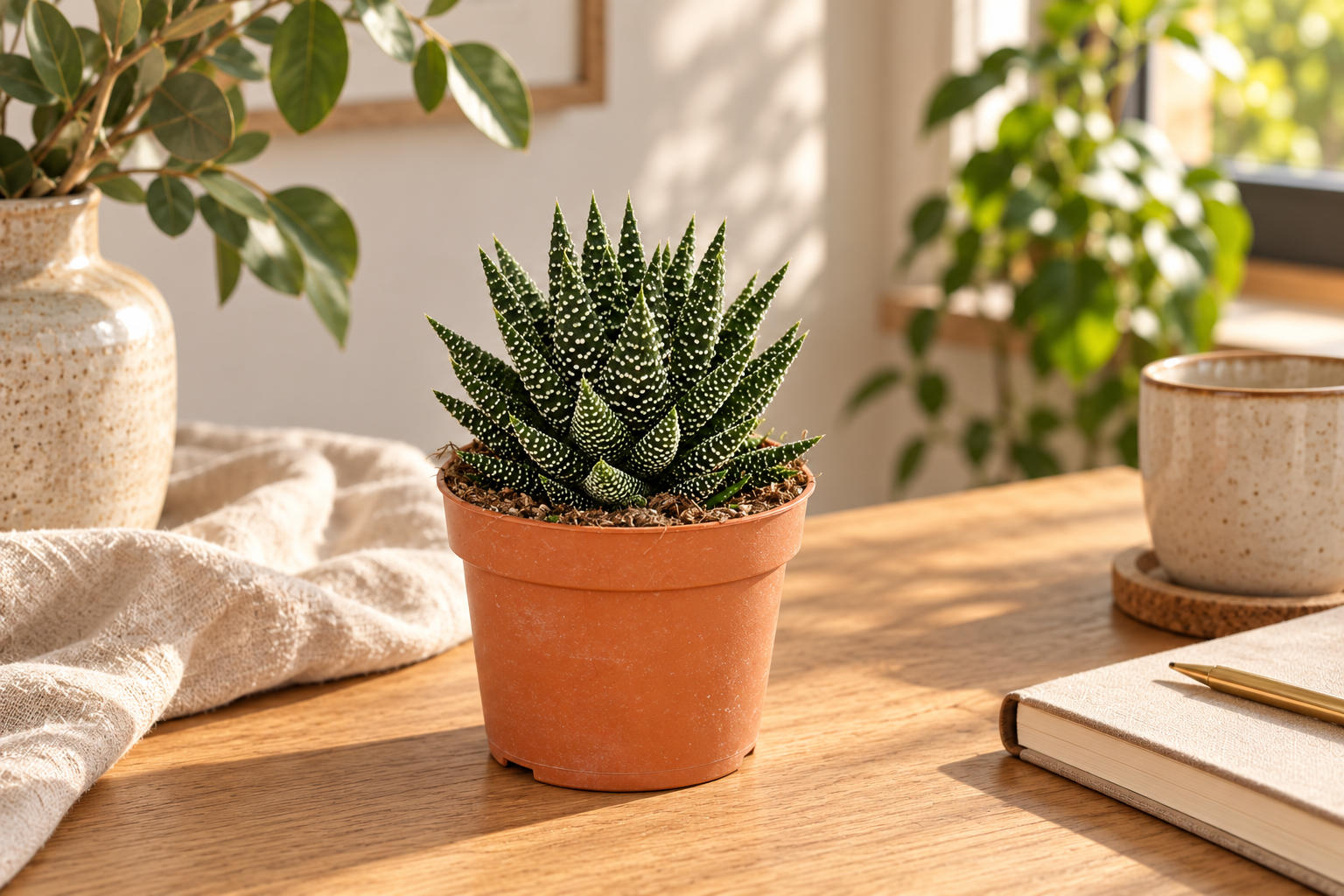 KI-gestaltete Wohnszene mit Haworthia pumila cv. 'Royal Albert' auf Basis der jungen Sortimentspflanze