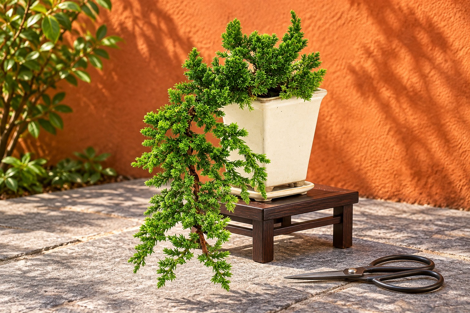 Wacholder als Bonsai in einer KI-gestalteten Szene nach dem Original-Shopbild