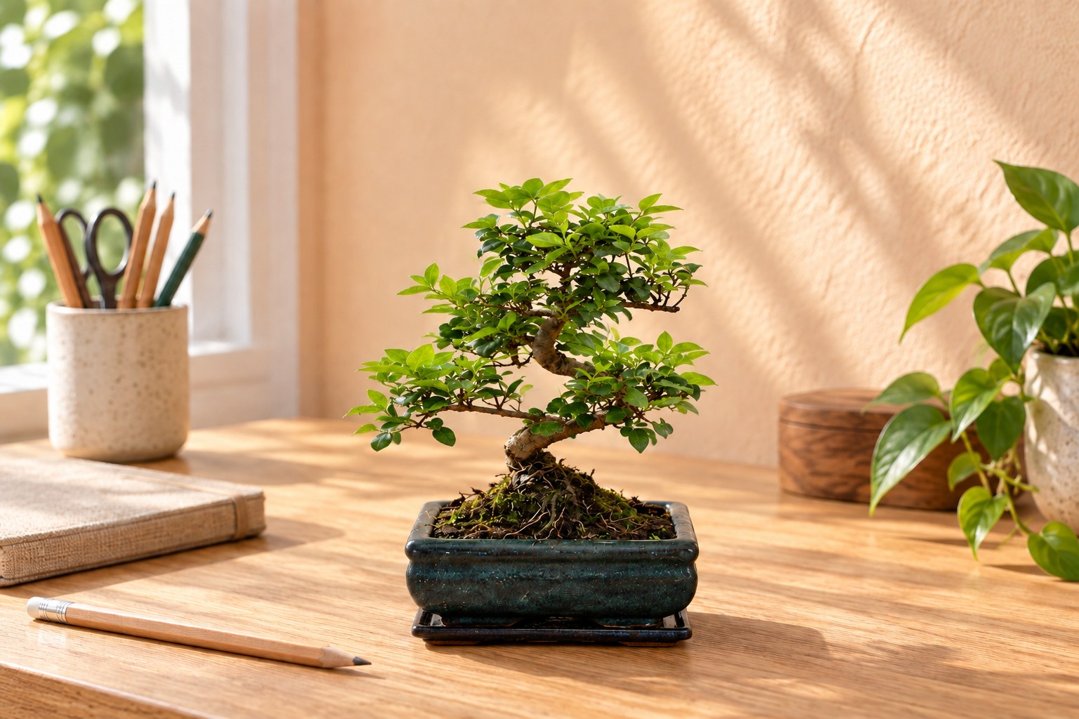 Chinesischer Liguster als Bonsai in einer KI-gestalteten Szene nach dem Original-Shopbild