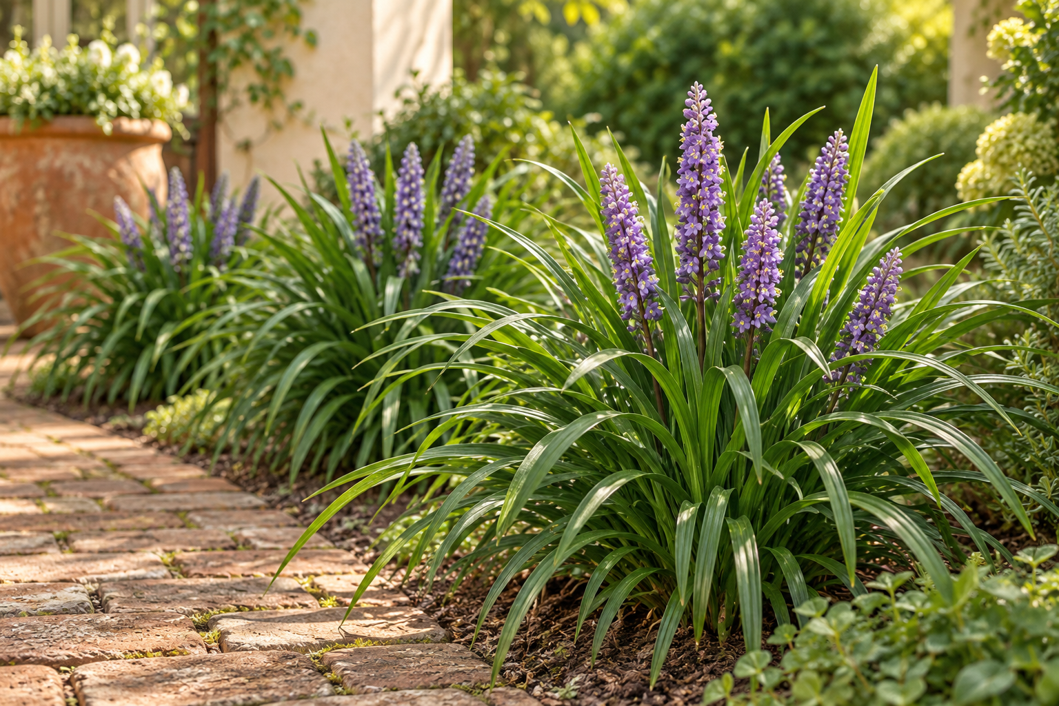 Spätere Gartenpflanzung von Liriope muscari 'Moneymaker' mit arttypischem Laub und Blüten in weichem Licht