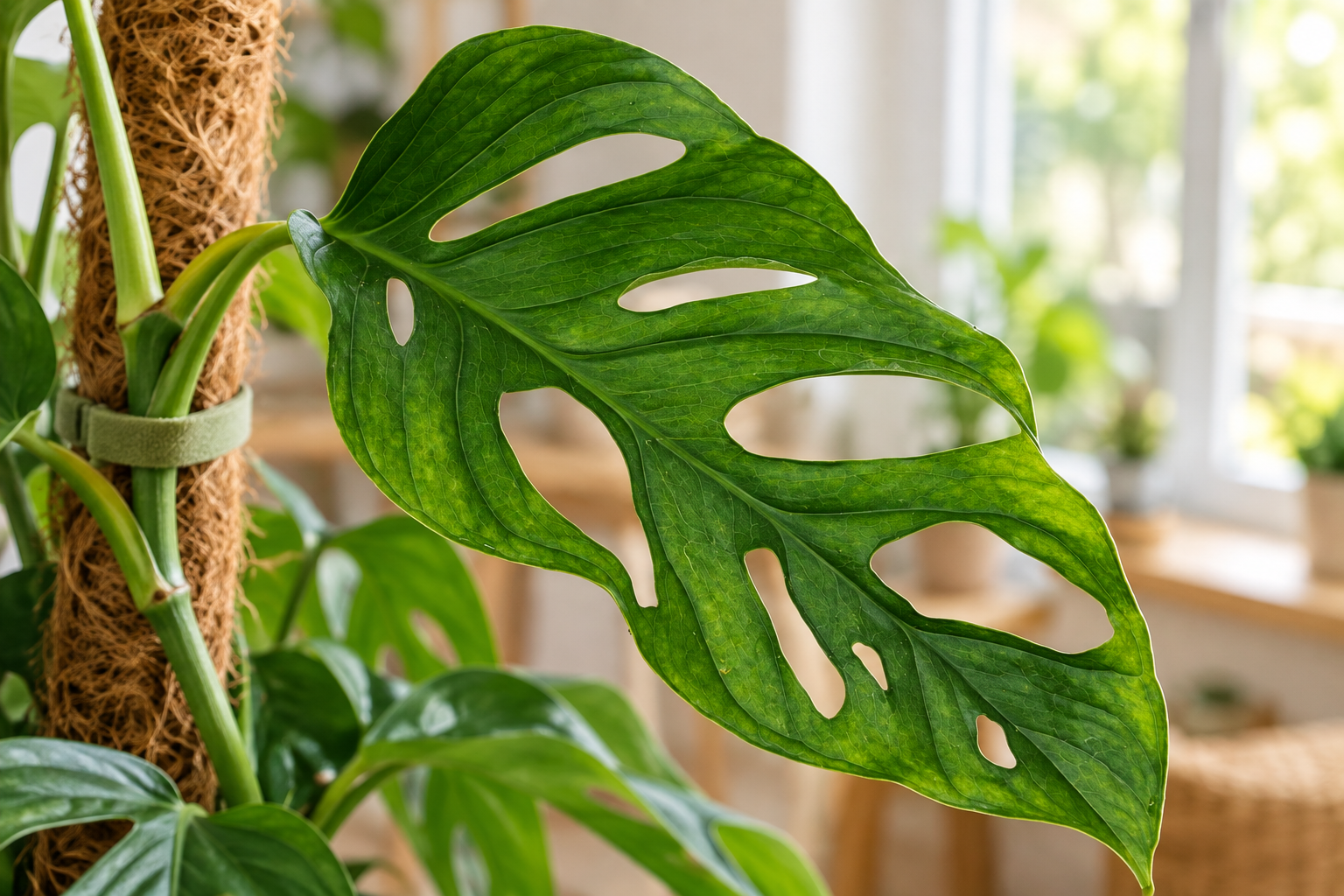 Nahansicht eines länglichen spitzen Monstera-Escaletto-Blattes mit großen inneren Fenstern neben einer Kokosstütze und locker angebundenem Haupttrieb