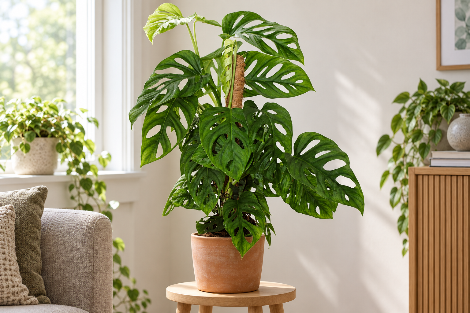 Junge grüne Monstera Escaletto mit großen und kleinen inneren Blattfenstern an einer Kokosstütze im Terrakottatopf nahe einem hellen Wohnzimmerfenster