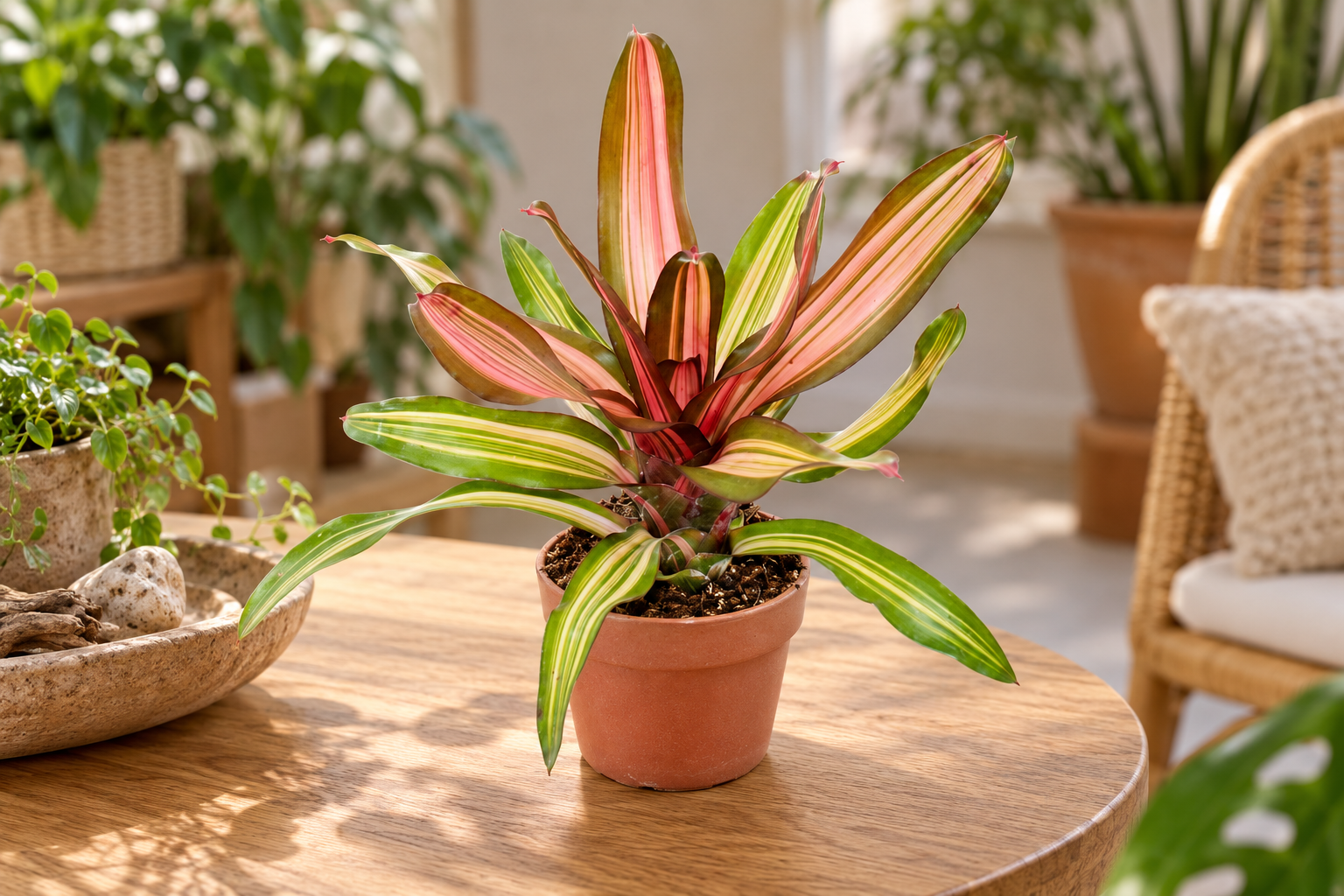 KI-gestaltete Wohnszene von Neoregelia 'Fancy' in der Größe der jungen Sortimentspflanze