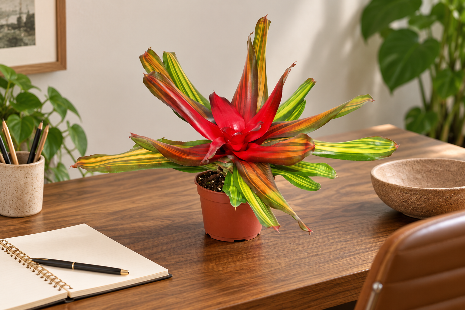 KI-gestaltete Wohnszene von Neoregelia 'Freddie' in der Größe der jungen Sortimentspflanze